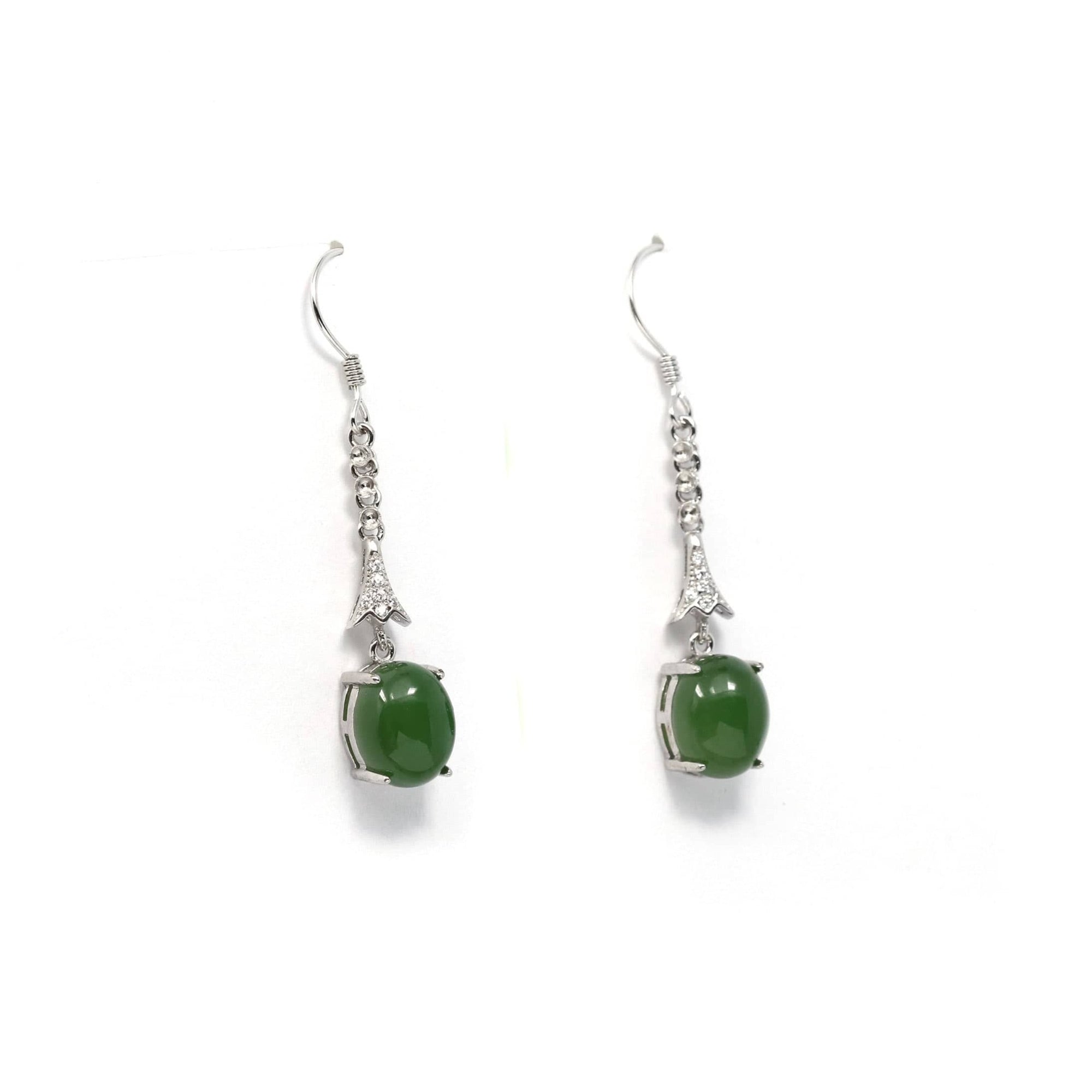 Baikalla Jewelry Silver Gemstone Earrings Sterling Silver Genuine Nephrite Green Jade Diamond Dangle Earrings