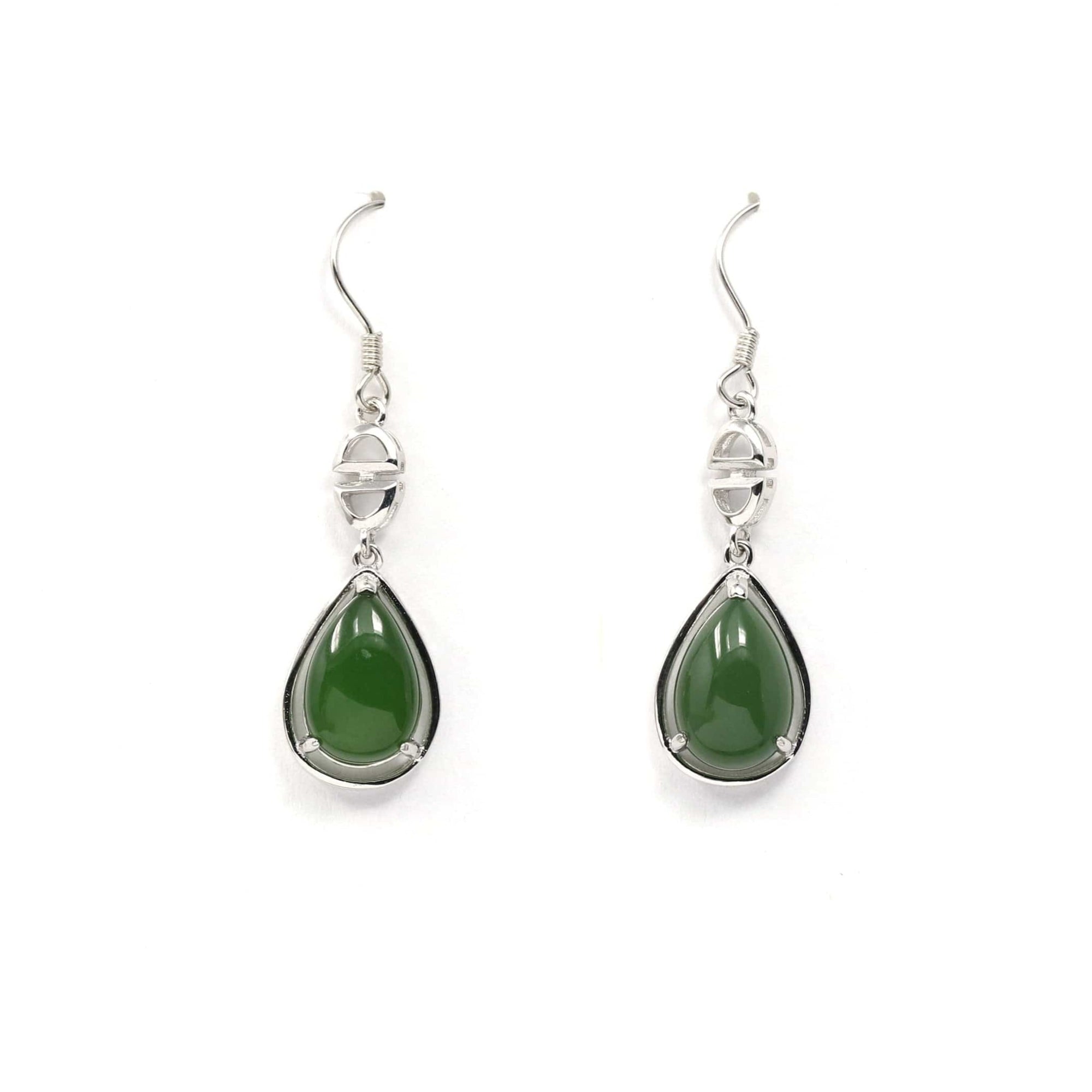 Baikalla Jewelry Silver Gemstone Earrings Sterling Silver Genuine Nephrite Green Jade Teardrop Dangle Earrings