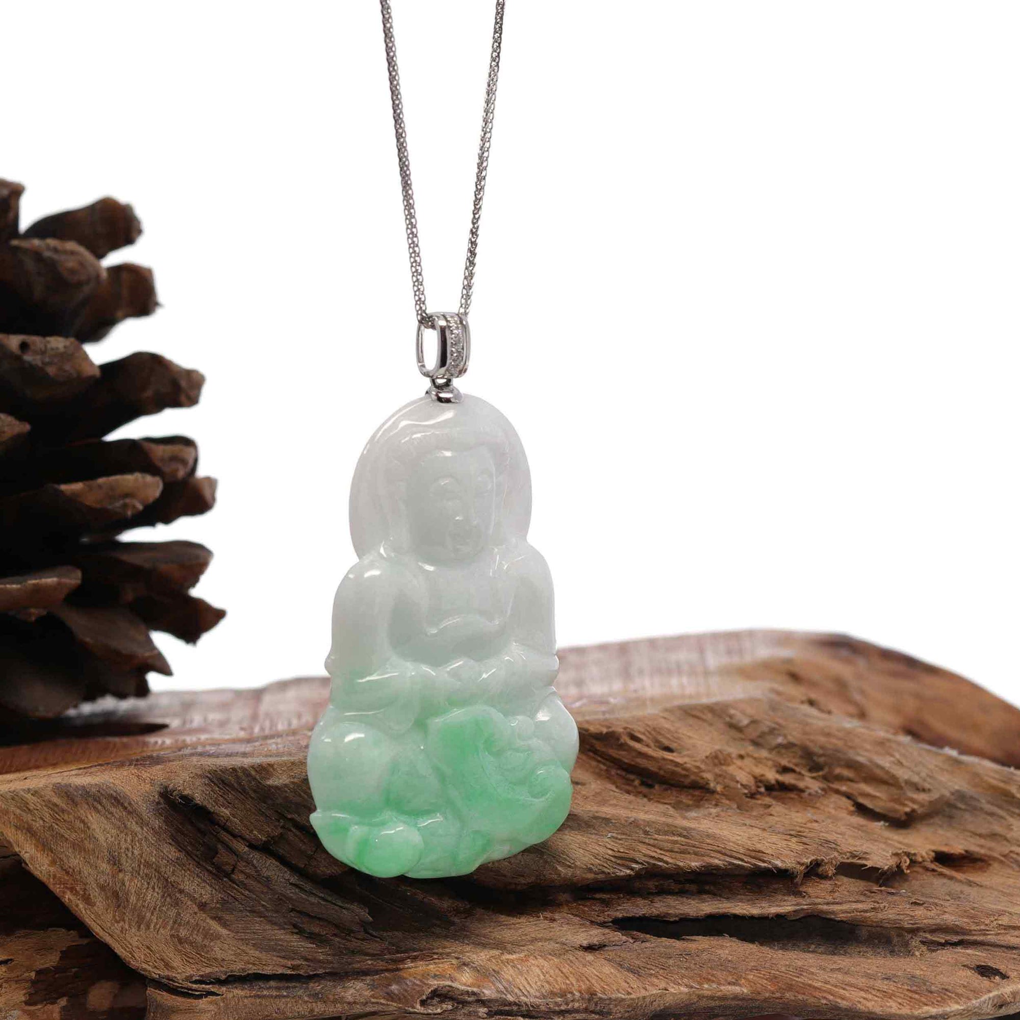 Baikalla Jewelry Jade Guanyin Pendant Necklace 14k White Gold "Goddess of Compassion" Genuine Green Jadeite Jade Guanyin Necklace With Gold Diamond Bail