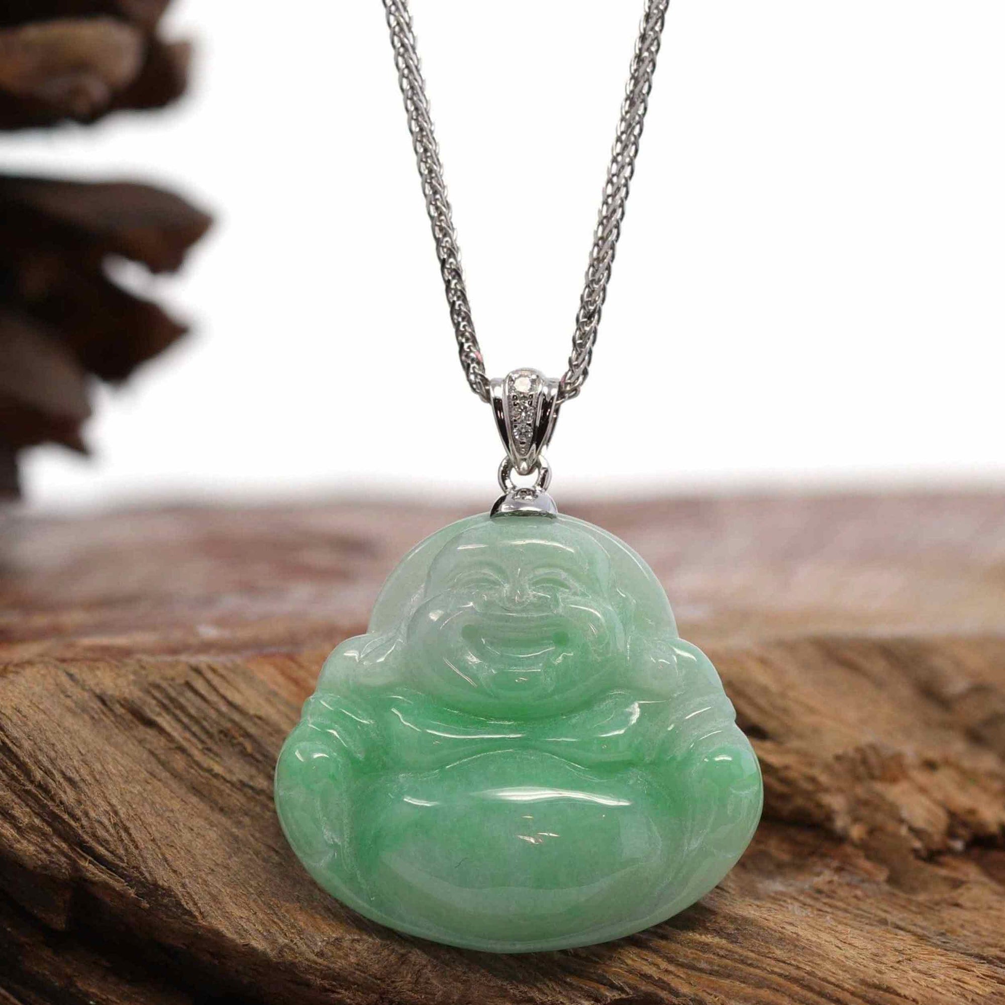 Baikalla Jewelry Jade Buddha Pendant Baikalla™ &quot;Laughing Buddha&quot; Genuine Vibrant Green Jadeite Buddha Pendant Necklace With 14k White Gold Diamond  Bail