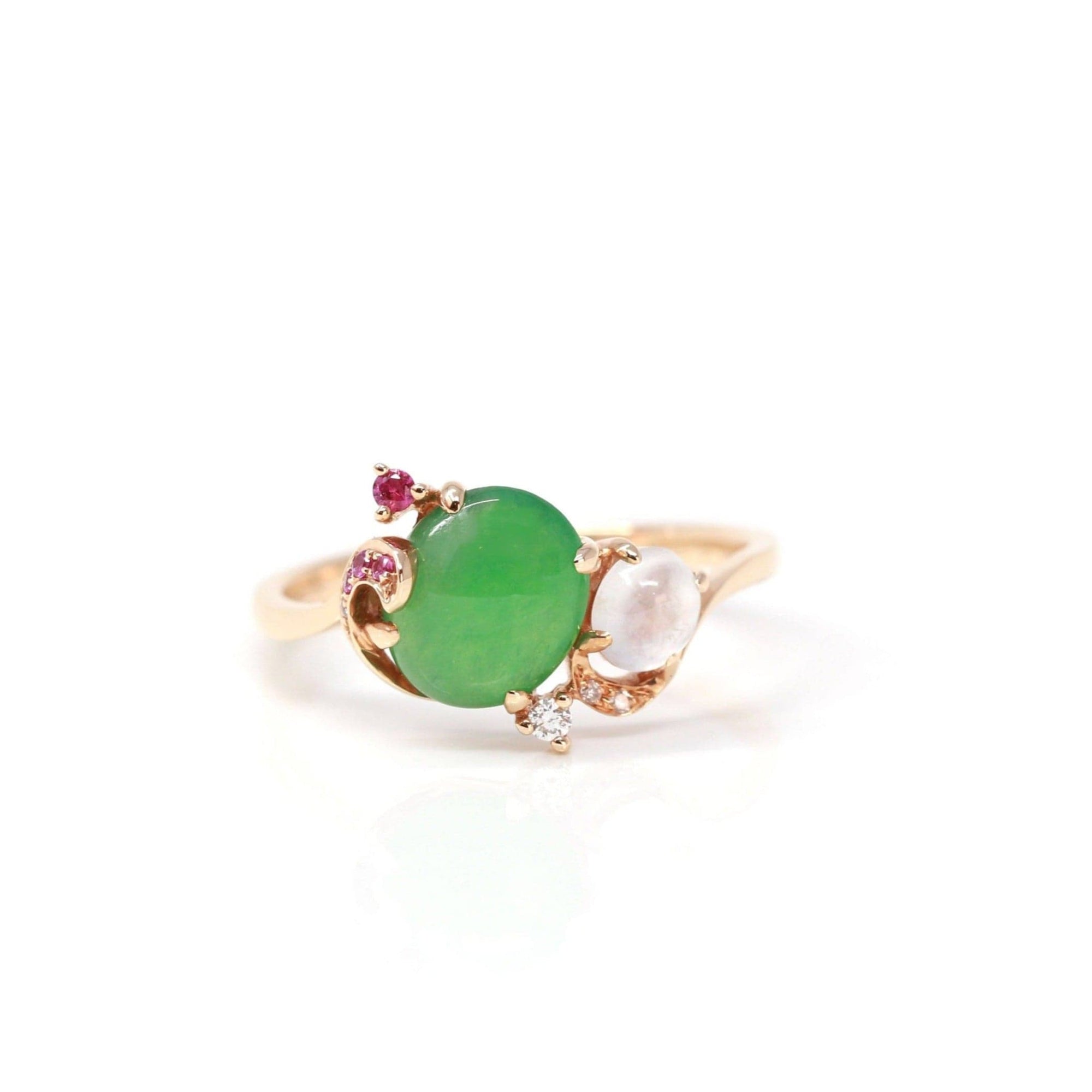 Baikalla Jewelry Jadeite Engagement Ring Baikalla™ &quot;Karla&quot; 18k Rose Gold Natural Imperial Jadeite Engagement Ring With Rubies &amp; Diamonds