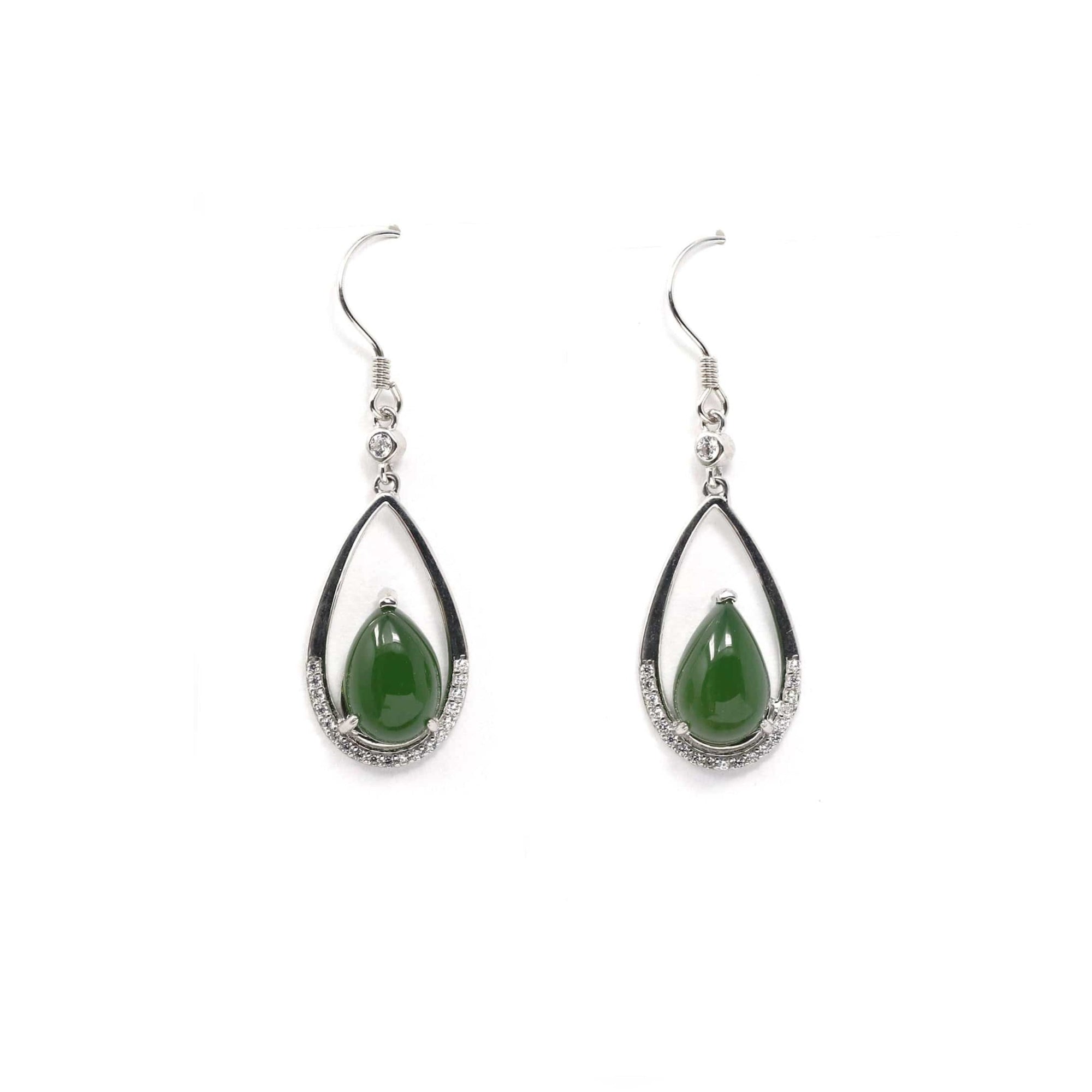 Baikalla Jewelry Silver Gemstone Earrings Sterling Silver Genuine Nephrite Green Jade Teardrop Dangle Earrings