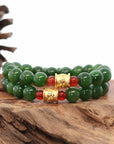 Baikalla Jewelry jade beads bracelet 24K Pure Yellow Gold Buddha Symbol Tongtong With Genuine Green Jade Round Beads Bracelet Bangle ( 9.5 mm )