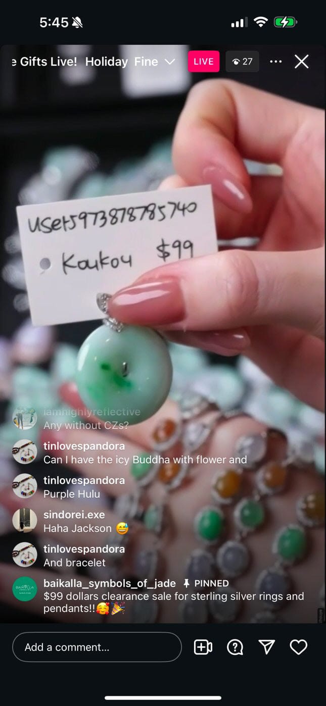 Baikalla " Green Natural Jadeite Jade Sterling Silver Kou Kou" (Live Pick) (12/05/24)