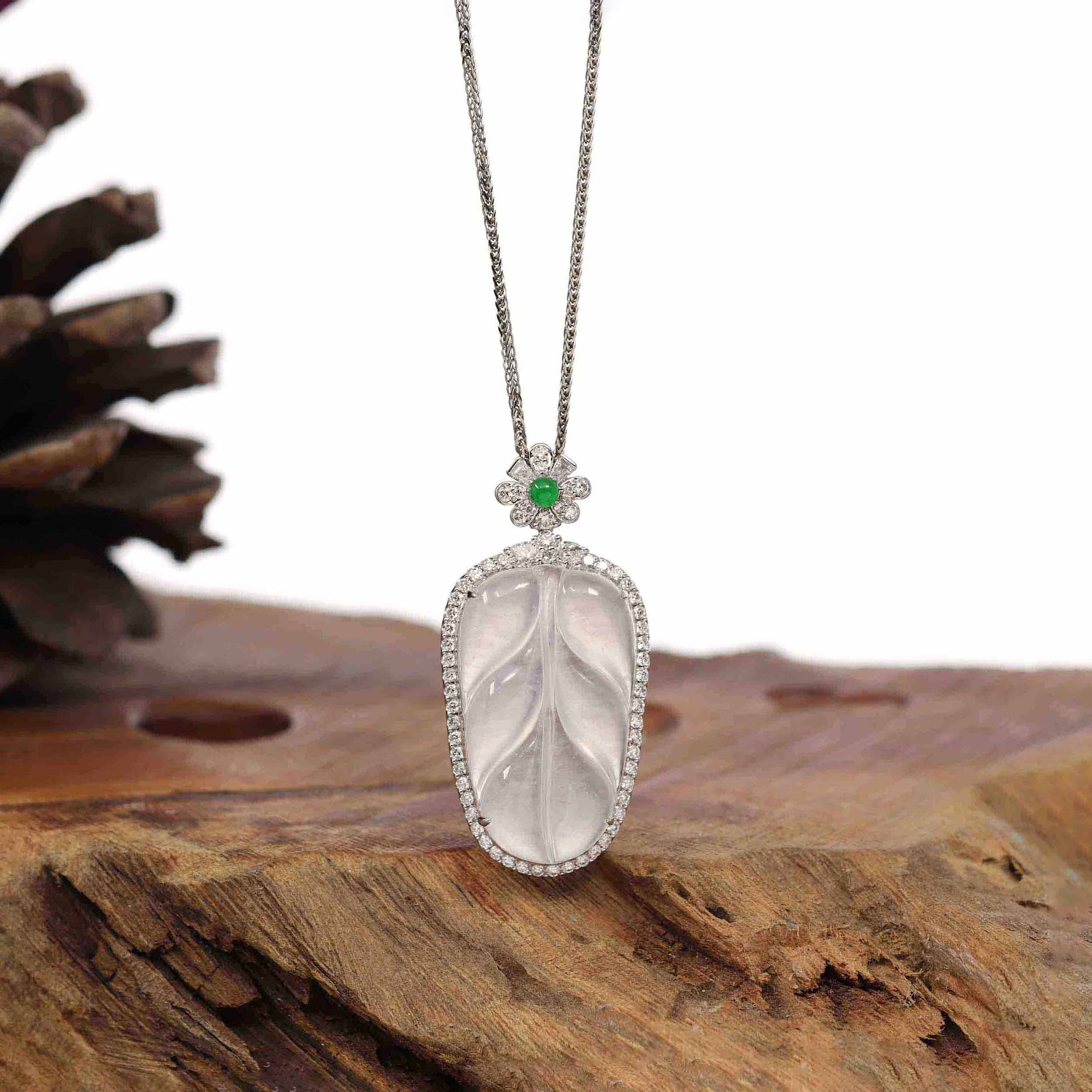 Baikalla Jewelry Jade Guanyin Pendant Necklace High-end Genuine Ice Jadeite Jade Jin Zhi Yu Ye (Leaf) Necklace With 18k Gold &amp; Diamond