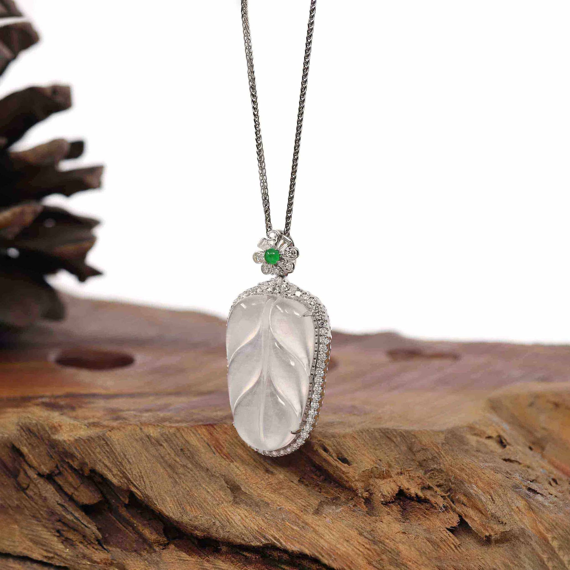 Baikalla Jewelry Jade Guanyin Pendant Necklace High-end Genuine Ice Jadeite Jade Jin Zhi Yu Ye (Leaf) Necklace With 18k Gold &amp; Diamond