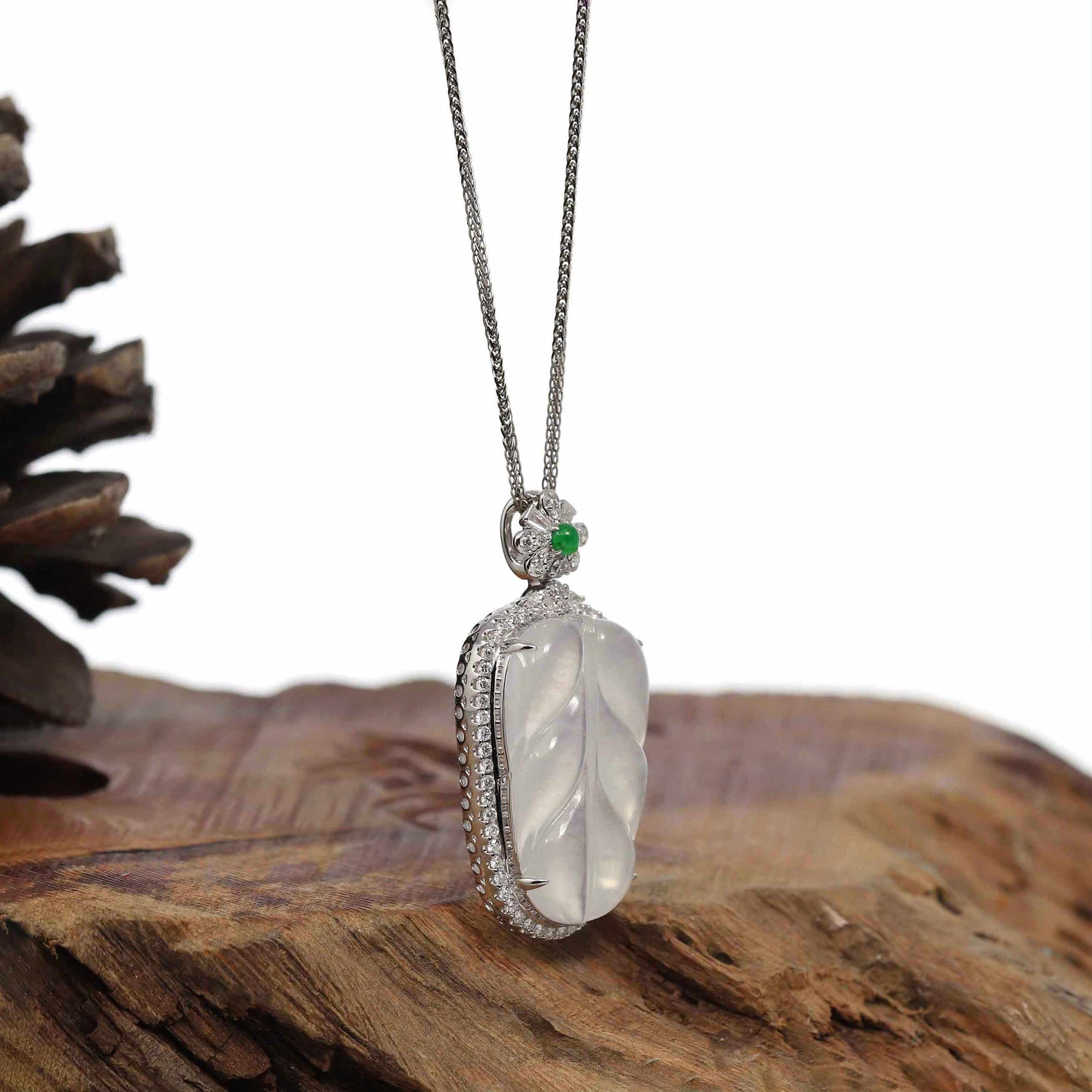 Baikalla Jewelry Jade Guanyin Pendant Necklace High-end Genuine Ice Jadeite Jade Jin Zhi Yu Ye (Leaf) Necklace With 18k Gold &amp; Diamond