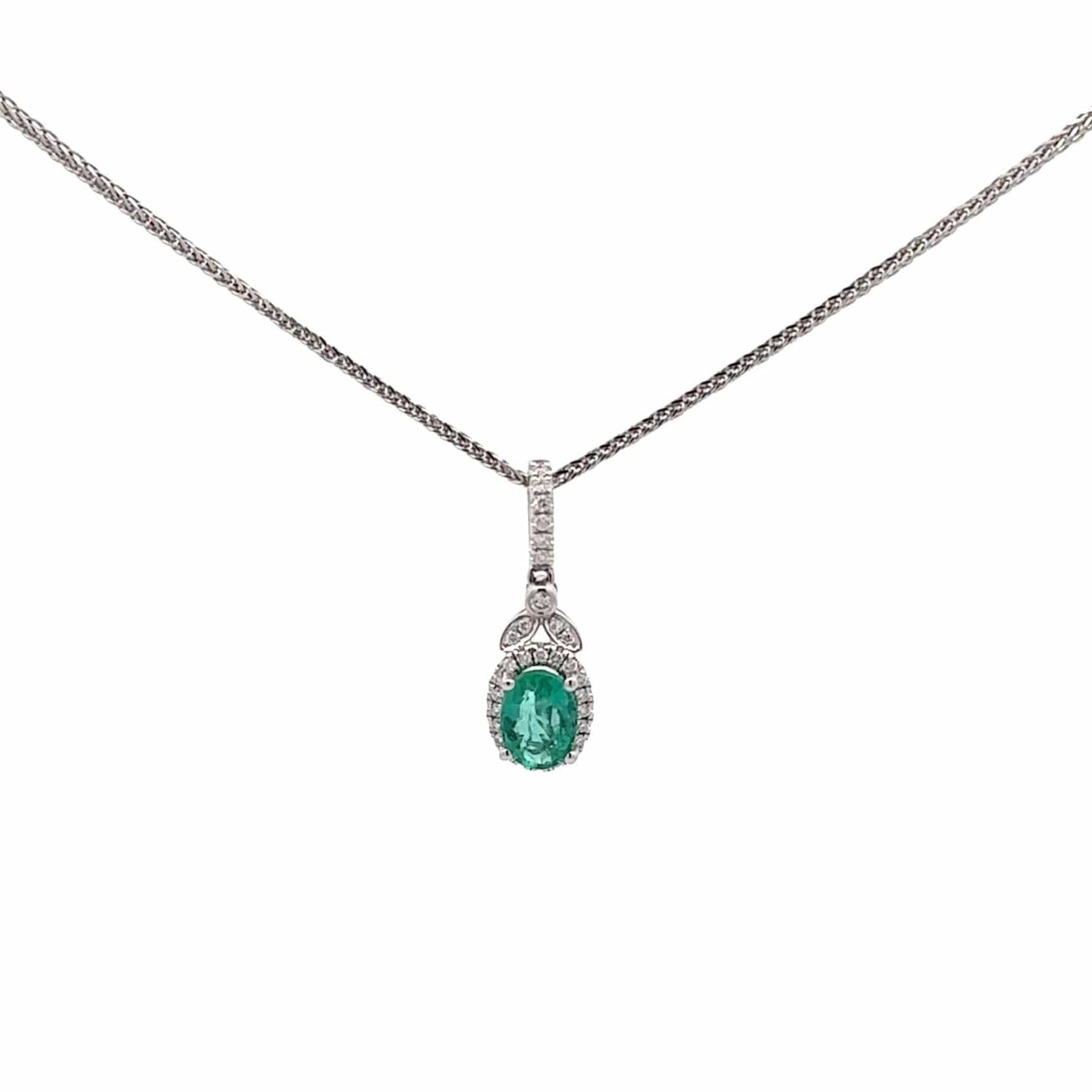 Baikalla Jewelry Gemstone Pendant Necklace Baikalla™ 14k White Gold Emerald AA Round Necklace pendant With Diamond Halo