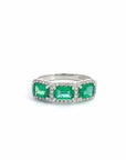 Baikalla Jewelry Gold Emerald Ring 18k White Gold AA Emerald Three Stones Set Halo Band Ring