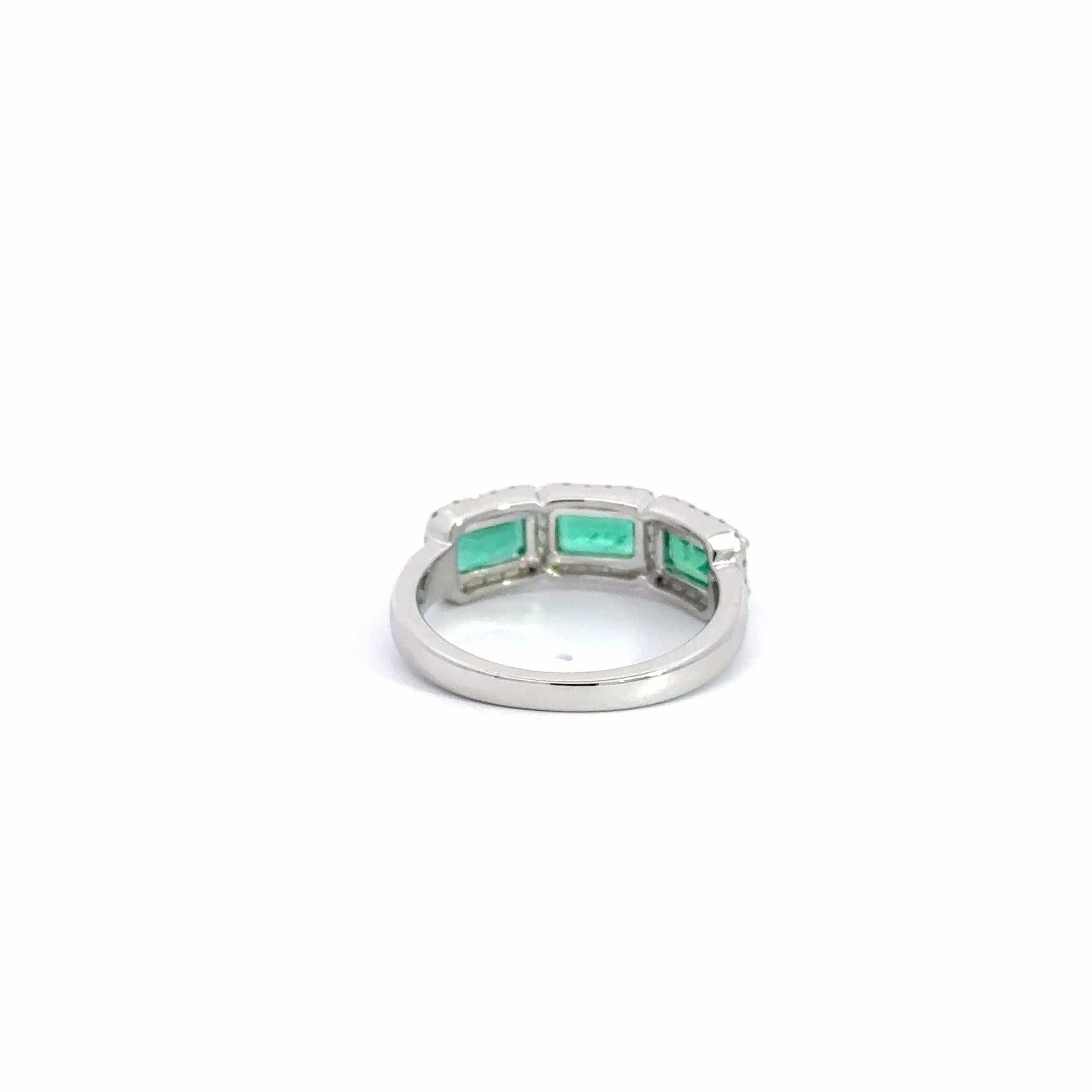 Baikalla Jewelry Gold Emerald Ring 18k White Gold AA Emerald Three Stones Set Halo Band Ring