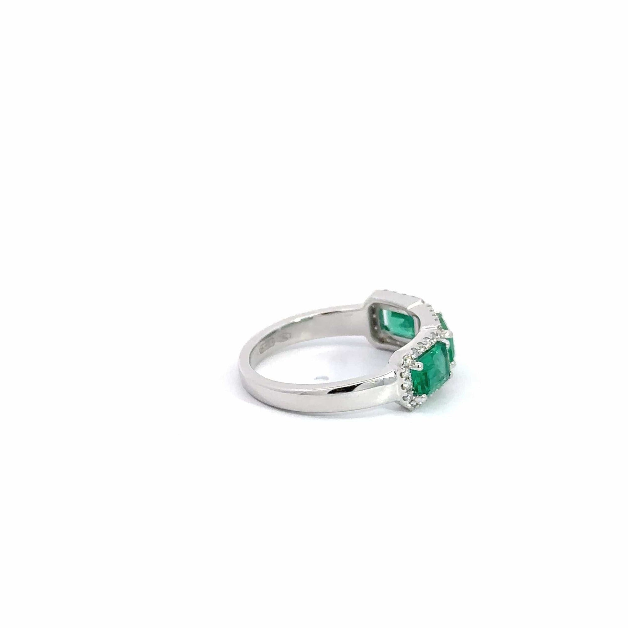 Baikalla Jewelry Gold Emerald Ring 18k White Gold AA Emerald Three Stones Set Halo Band Ring