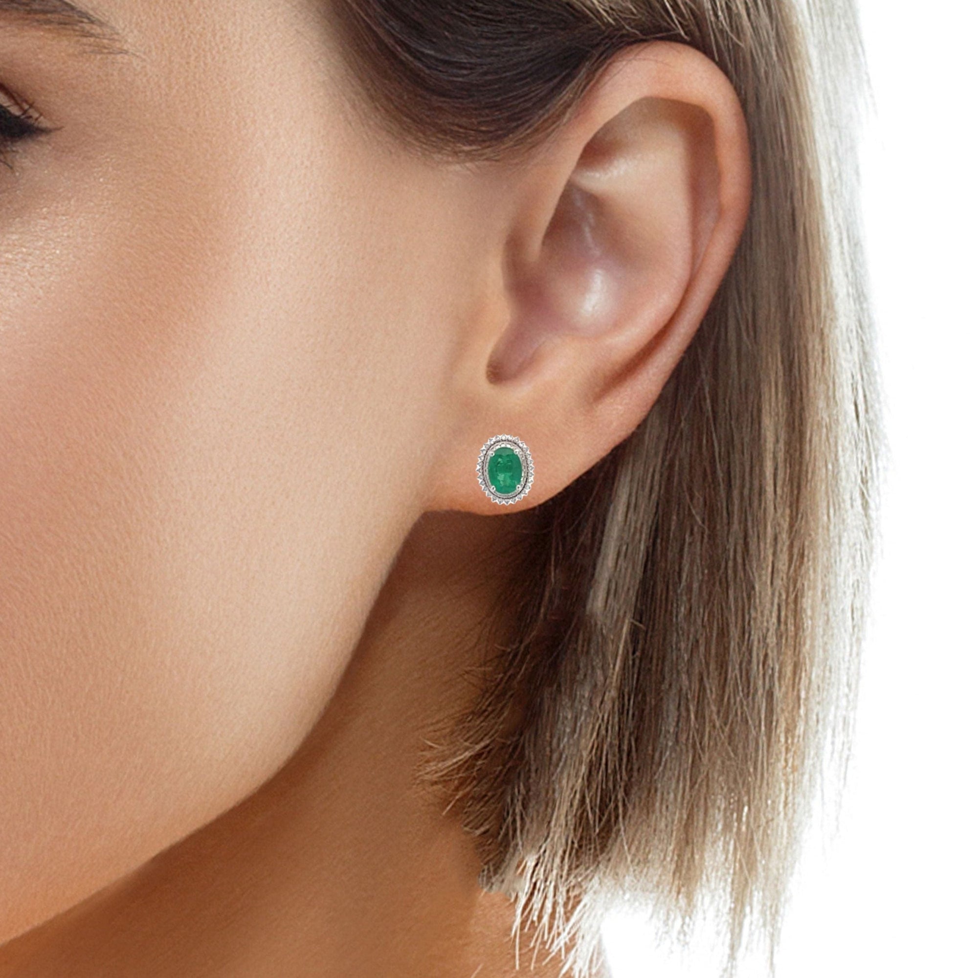 Baikalla Jewelry Silver Gemstones Earrings Baikalla™ Classic 18k White Gold AA Emerald Stud Earrings With Diamonds