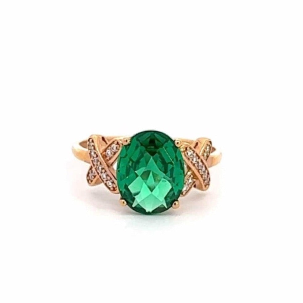 Baikalla Jewelry Gold Sapphire Ring 18k Rose Gold Lab-Created Emerald Ring With CZ