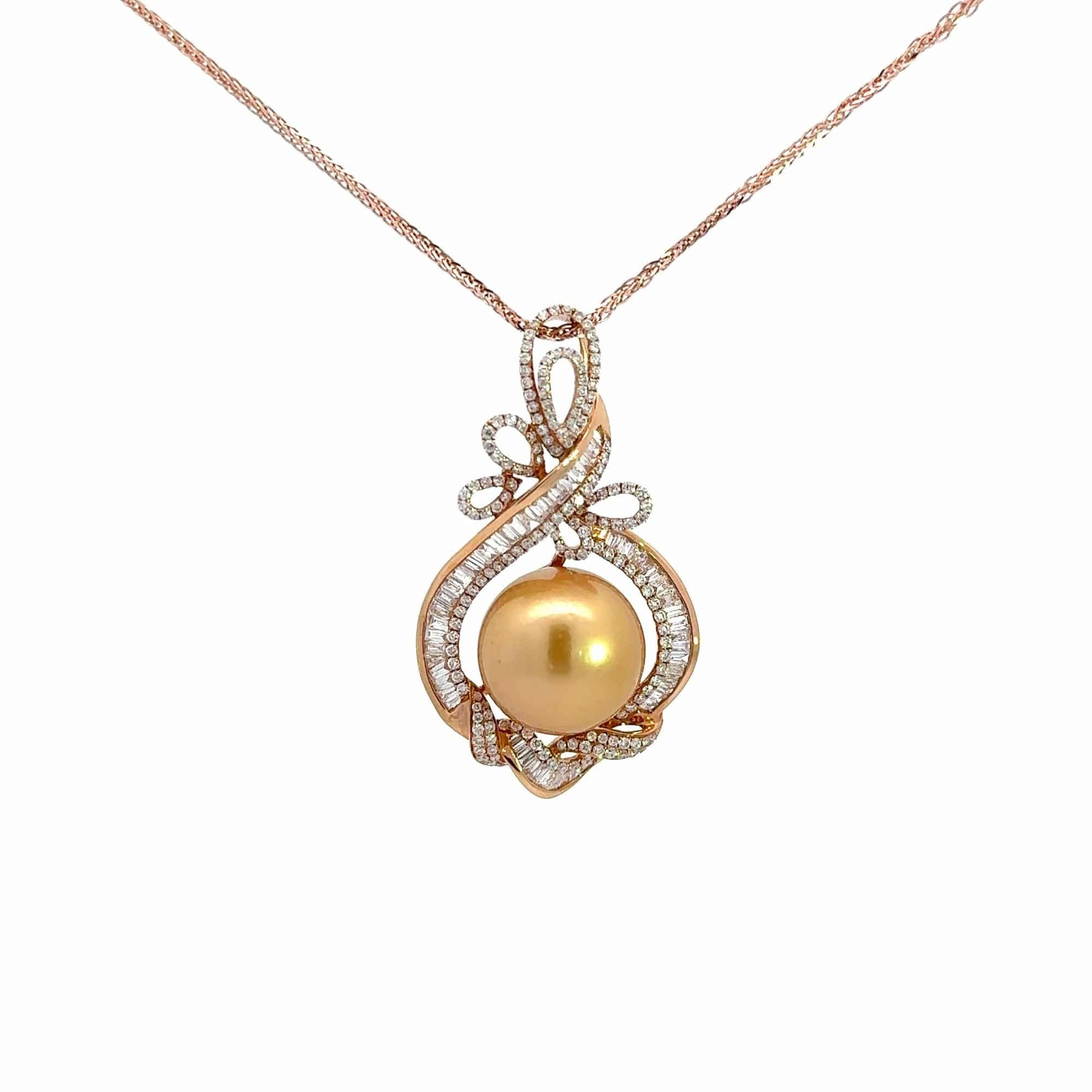 Baikalla Jewelry Gold Pearl Necklace Baikalla  18k Rose Gold Round Golden Cultured Pearl & Diamond Pendant Necklace