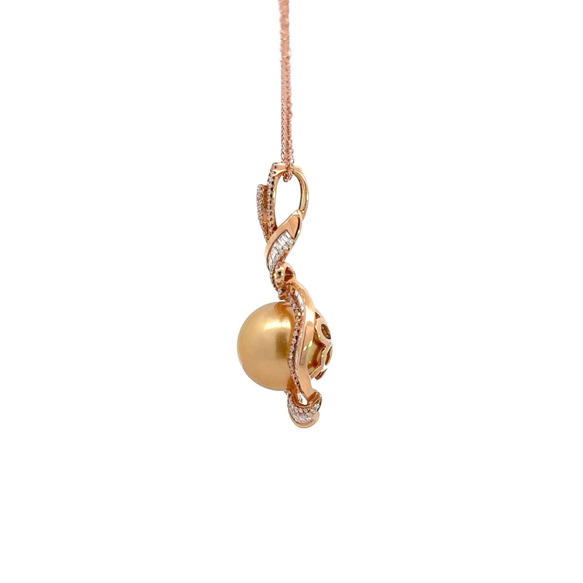 Baikalla Jewelry Gold Pearl Necklace Baikalla  18k Rose Gold Round Golden Cultured Pearl &amp; Diamond Pendant Necklace