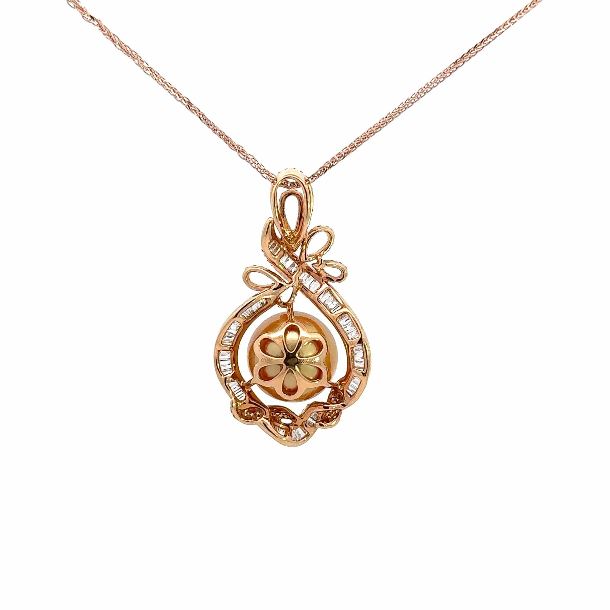 Baikalla Jewelry Gold Pearl Necklace Baikalla  18k Rose Gold Round Golden Cultured Pearl &amp; Diamond Pendant Necklace