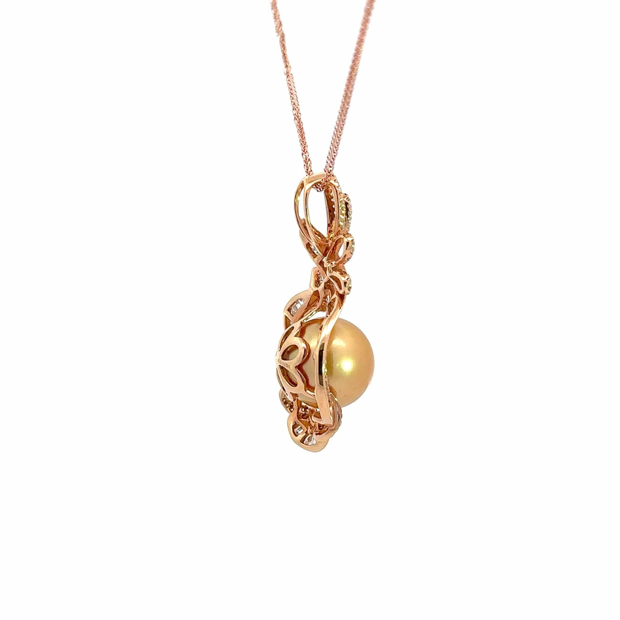 Baikalla Jewelry Gold Pearl Necklace Baikalla  18k Rose Gold Round Golden Cultured Pearl &amp; Diamond Pendant Necklace