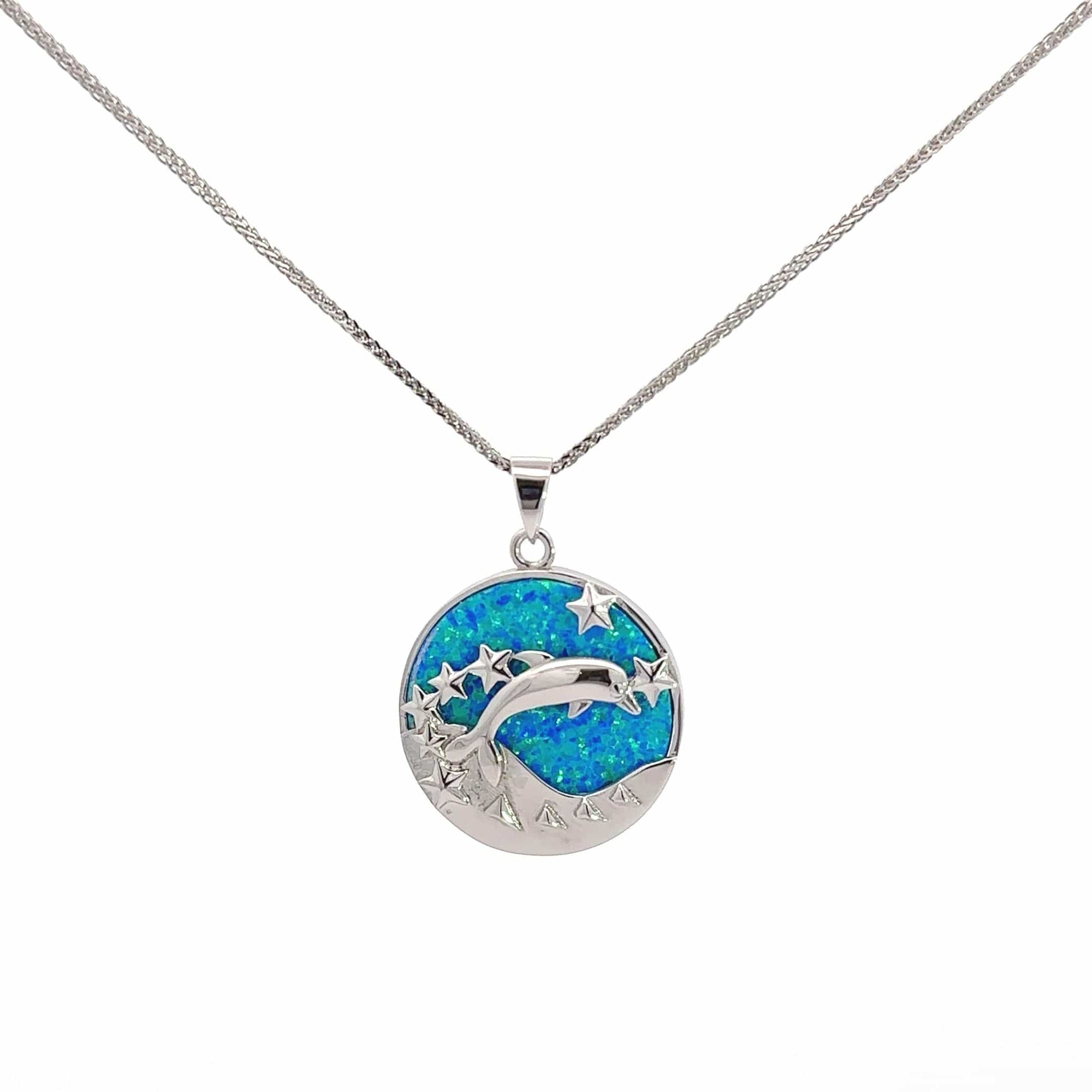 Baikalla Jewelry Gemstone Pendant Necklace Baikalla Sterling Silver Lab-Made Opal Star Dolphin Bezel Pendant Necklace