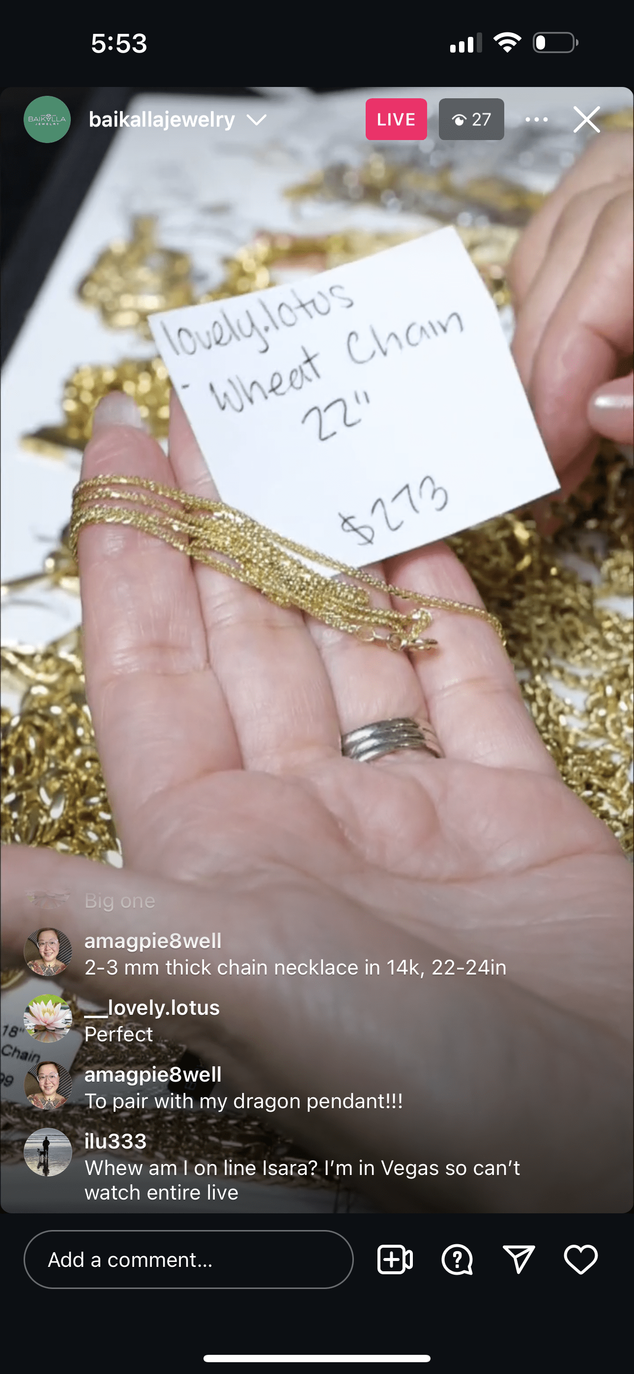 Baikalla IG Live "14k Gold 22in Wheat Chain" (Live Pick) (11/02/24)