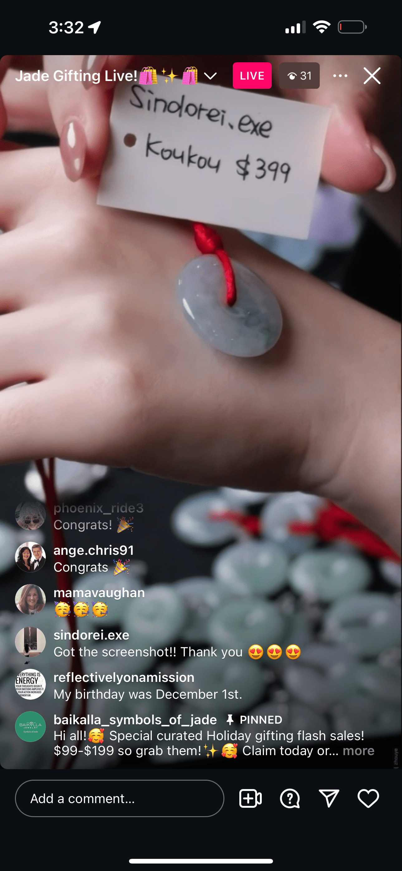 Baikalla "Natural Icy Jadeite Jade Red String Kou Kou Necklace" (Live Pick) (12/09/24)