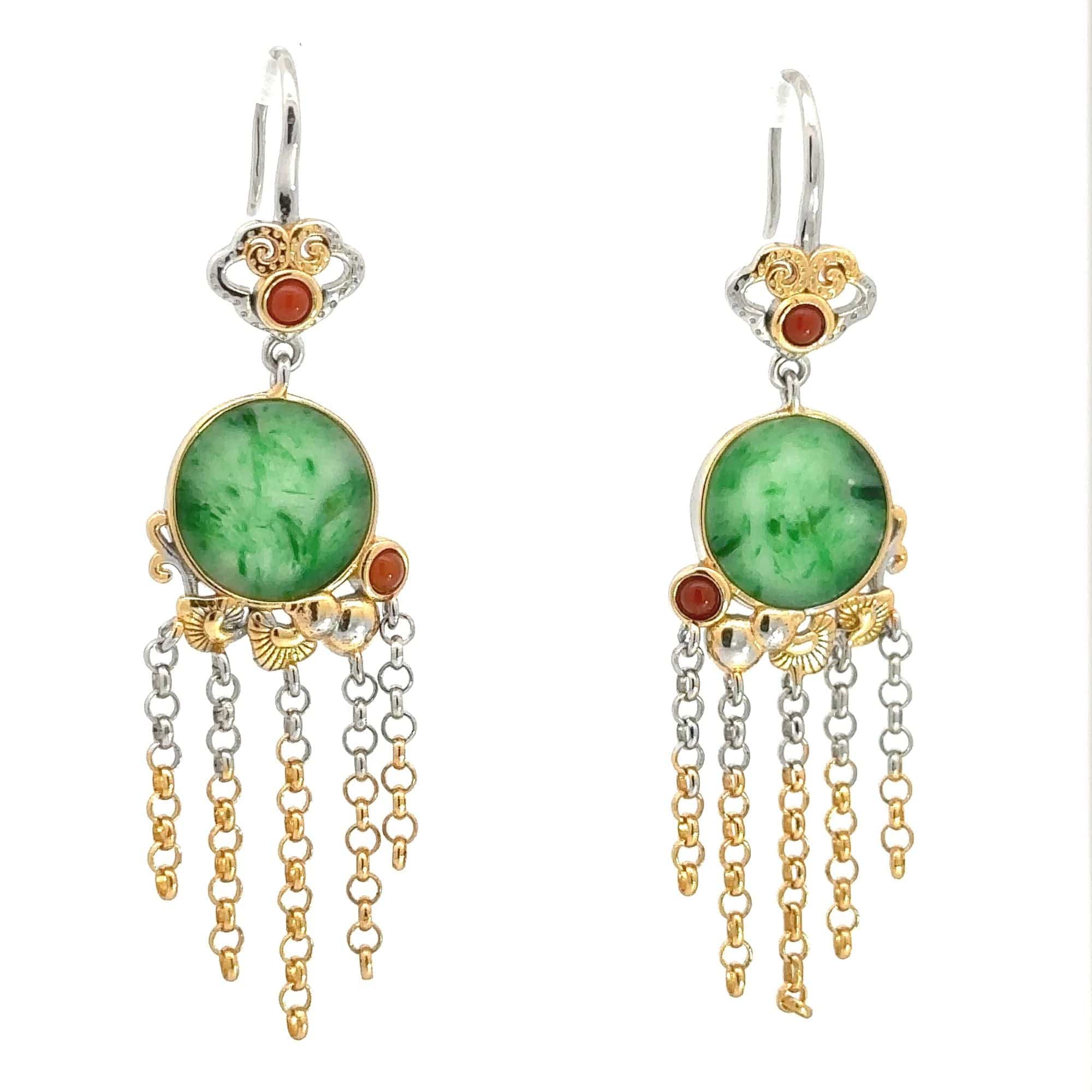 Baikalla Jewelry Jade Earrings Baikalla Antique Natural Jadeite Jade Sterling Silver Gold Plated Two Tone Dangle Earrings