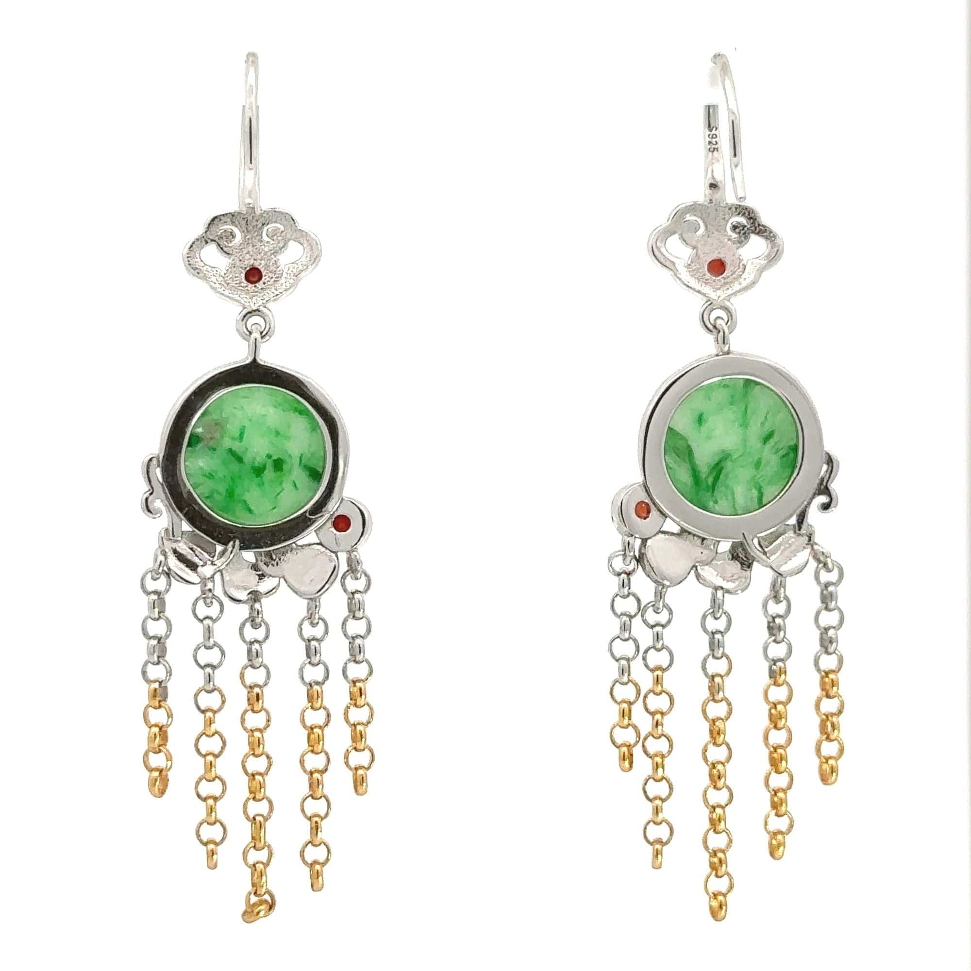 Baikalla Jewelry Jade Earrings Baikalla Antique Natural Jadeite Jade Sterling Silver Gold Plated Two Tone Dangle Earrings