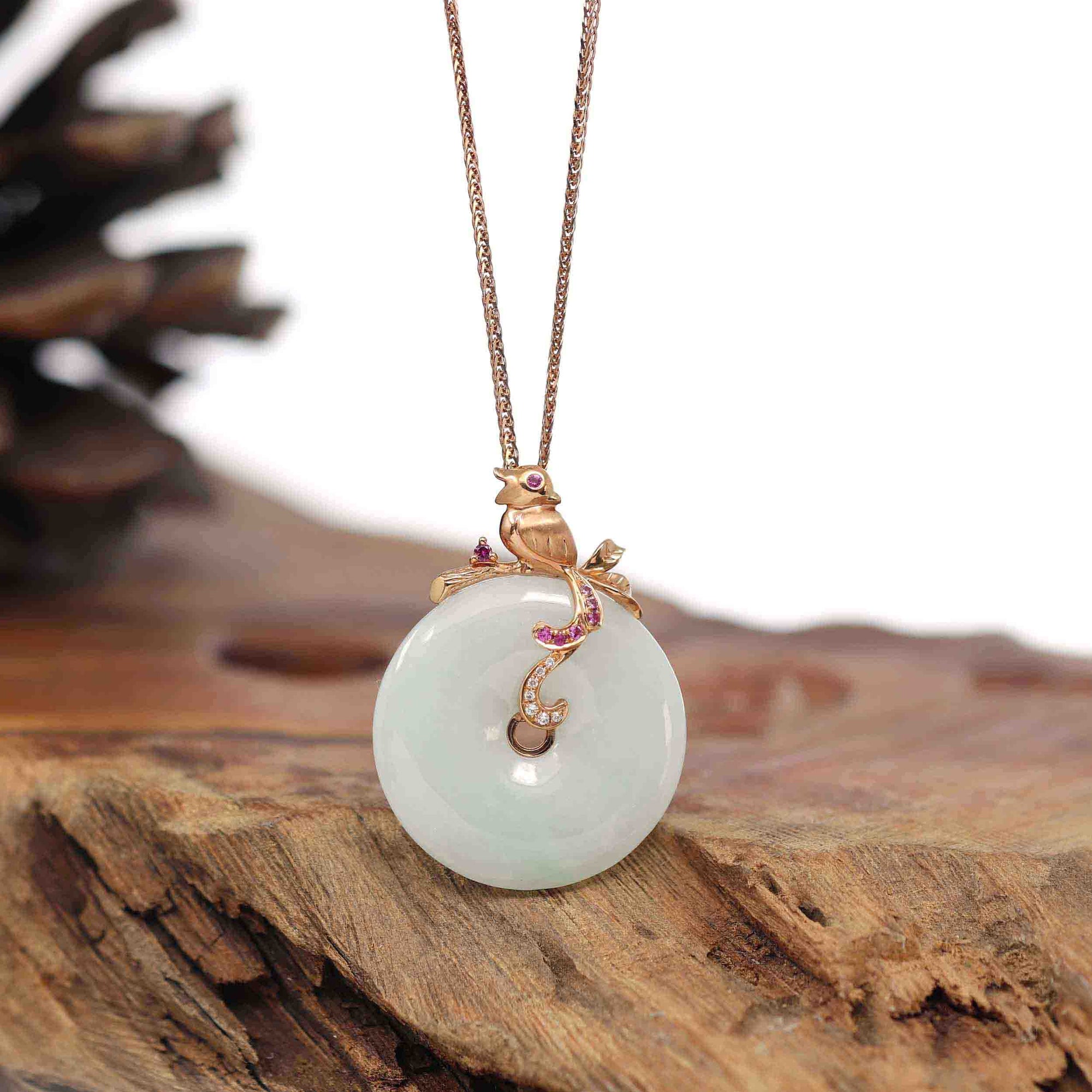 Baikalla Jewelry 18k Gold Jadeite Necklace Baikalla™ "Good Luck Birdie" 18k Rose Gold Genuine Burmese Jadeite Lucky Kou Kou Pendant Necklace With Ruby and Diamond