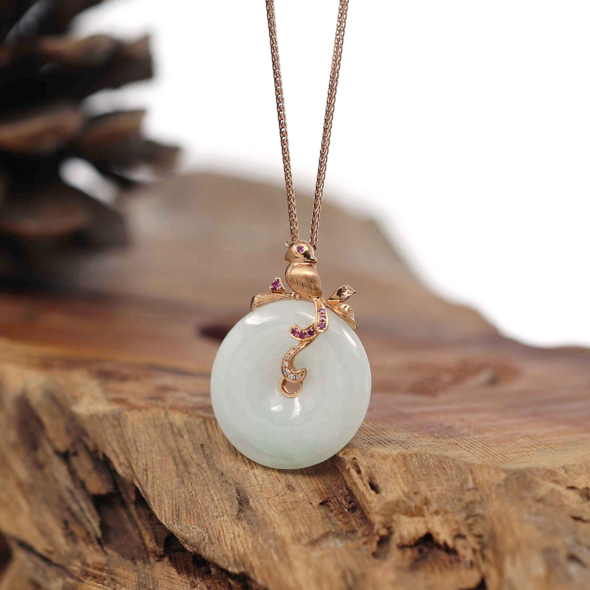 Baikalla Jewelry 18k Gold Jadeite Necklace Baikalla™ "Good Luck Birdie" 18k Rose Gold Genuine Burmese Jadeite Lucky Kou Kou Pendant Necklace With Ruby and Diamond