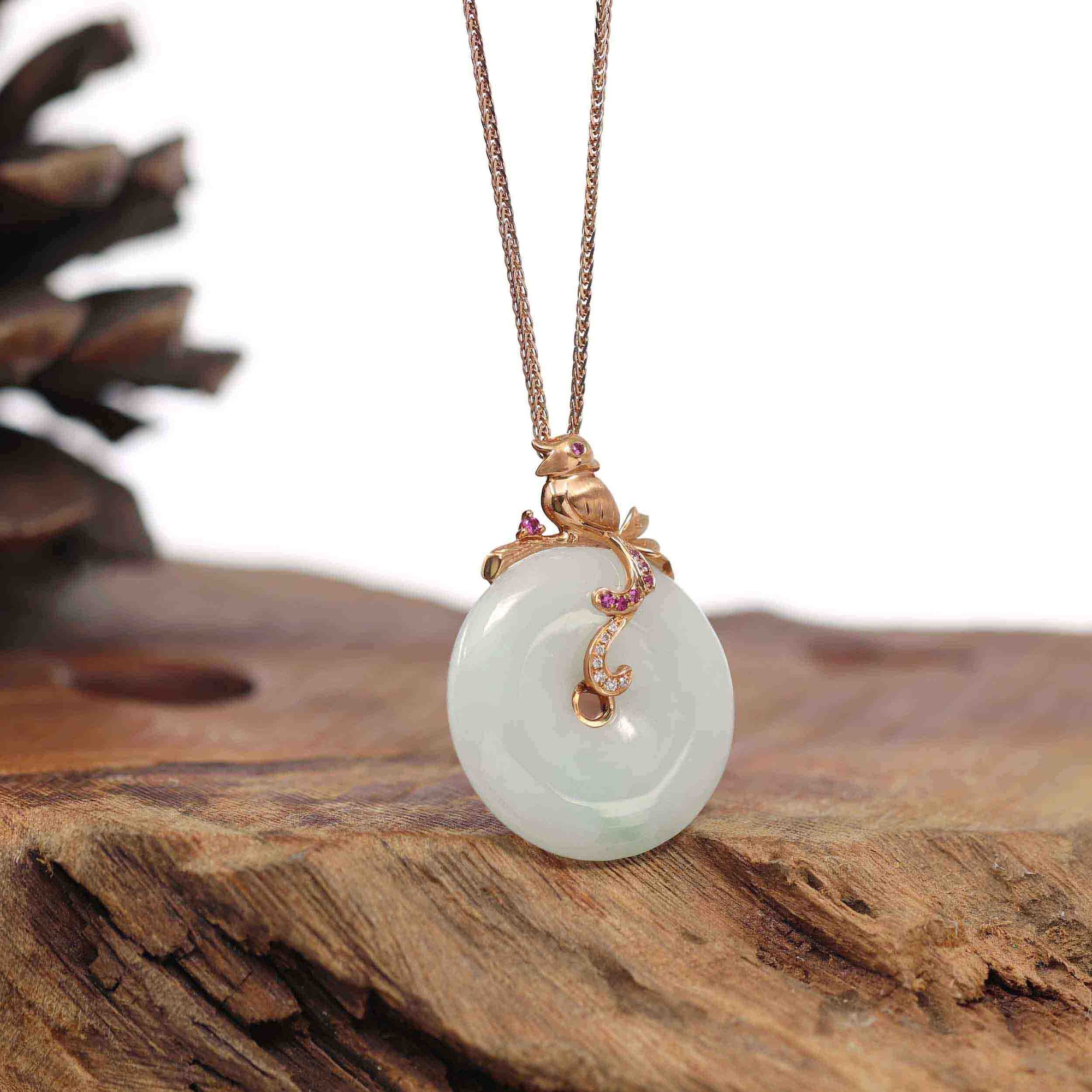 Baikalla Jewelry 18k Gold Jadeite Necklace Pendant Only Baikalla™ "Good Luck Birdie" 18k Rose Gold Genuine Burmese Jadeite Lucky Kou Kou Pendant Necklace With Ruby and Diamond