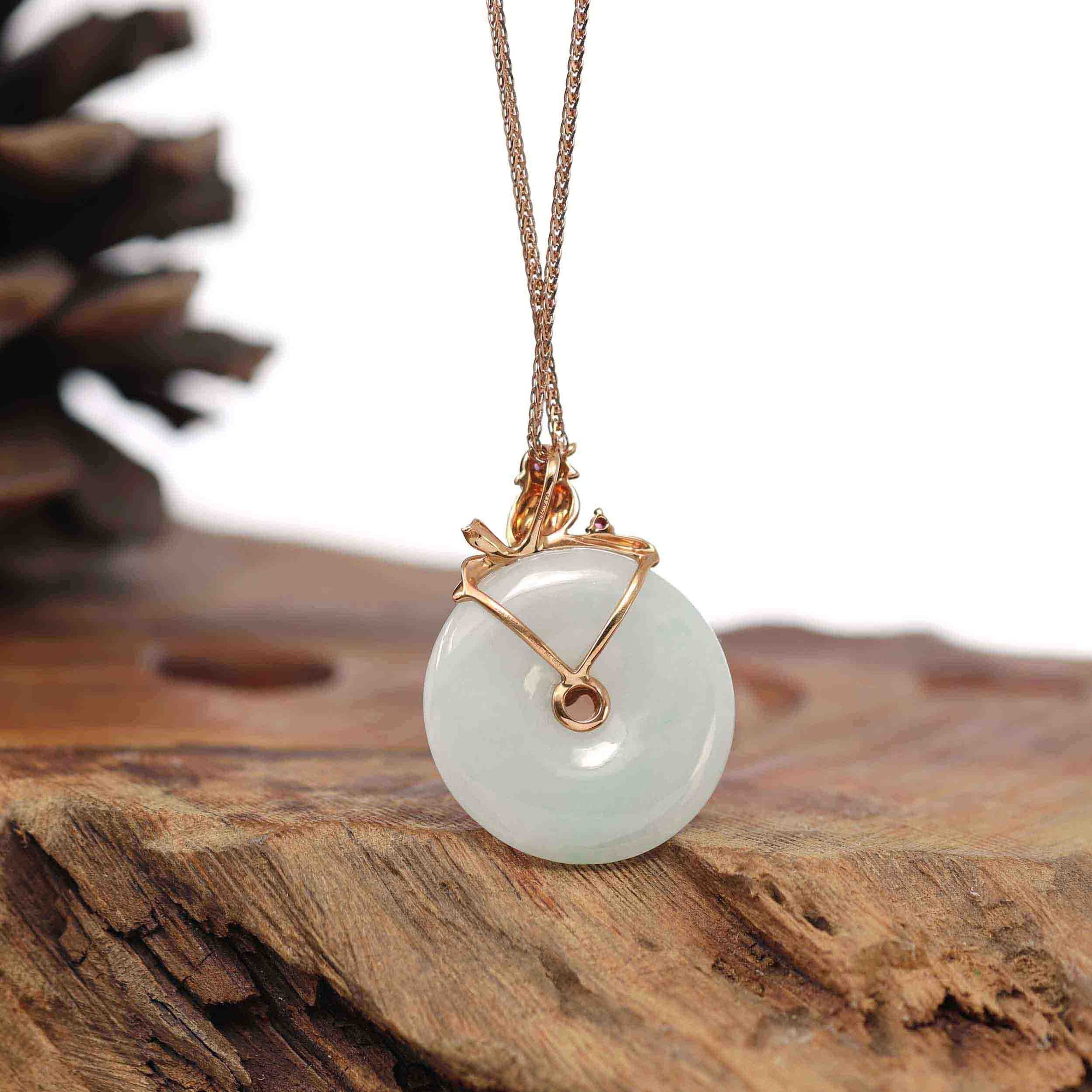 Baikalla Jewelry 18k Gold Jadeite Necklace Baikalla™ "Good Luck Birdie" 18k Rose Gold Genuine Burmese Jadeite Lucky Kou Kou Pendant Necklace With Ruby and Diamond