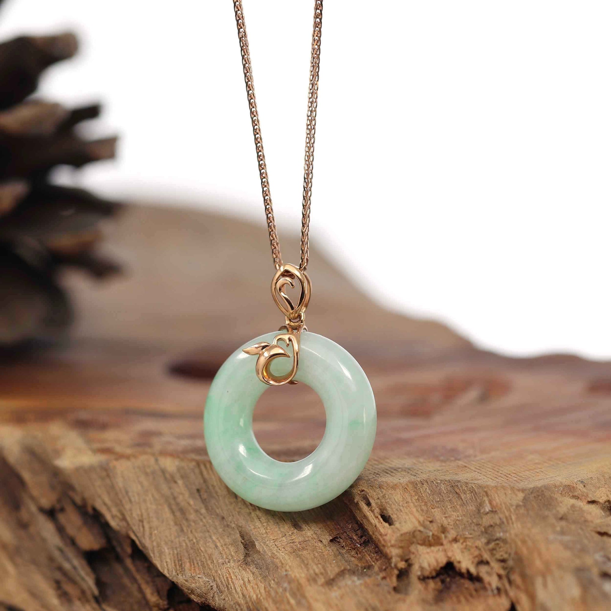 Baikalla Jewelry 18k Gold Jadeite Necklace Baikalla™ "Good Luck Birdie" 18k Rose Gold Genuine Burmese Jadeite Lucky Kou Kou Pendant Necklace