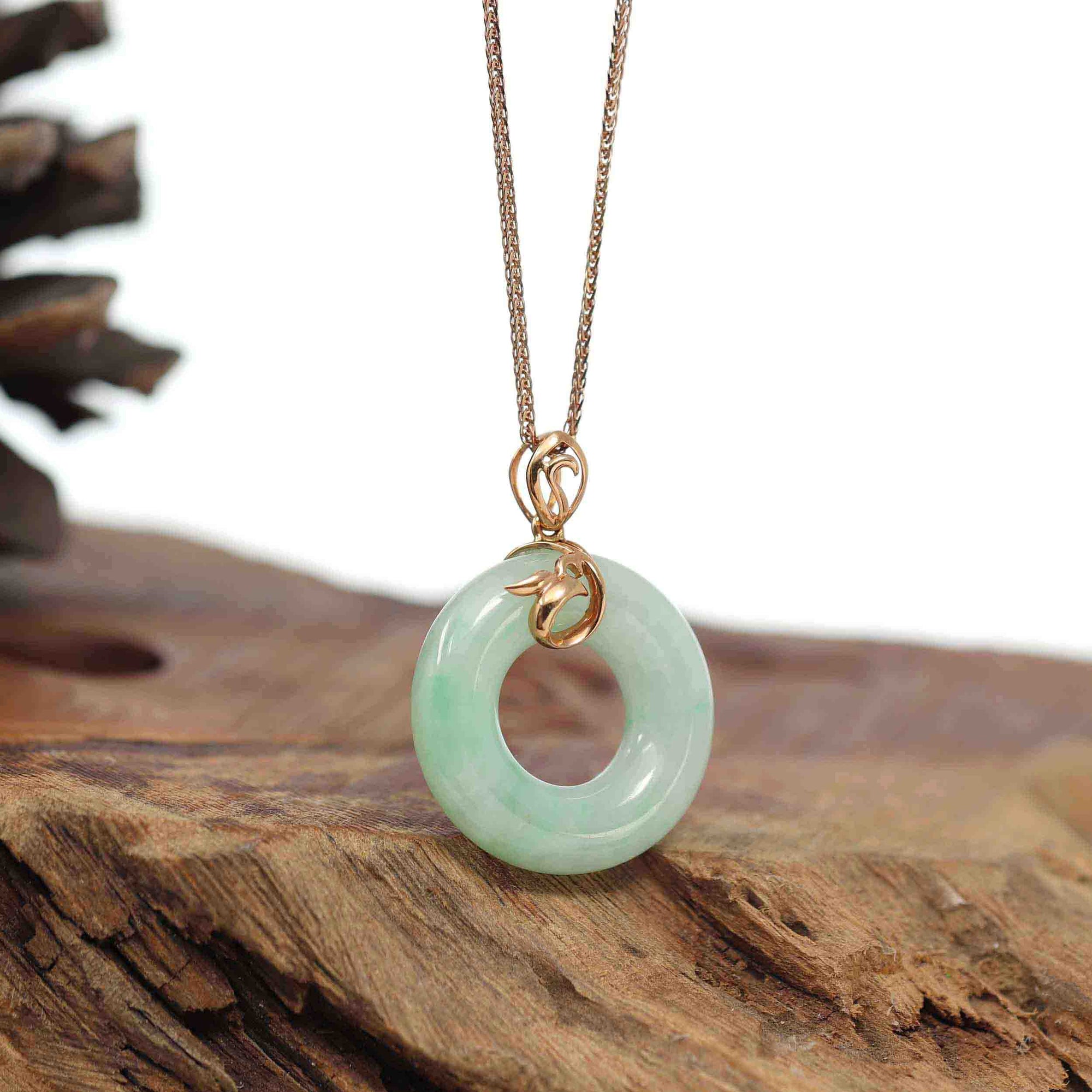 Baikalla Jewelry 18k Gold Jadeite Necklace Baikalla™ "Good Luck Birdie" 18k Rose Gold Genuine Burmese Jadeite Lucky Kou Kou Pendant Necklace