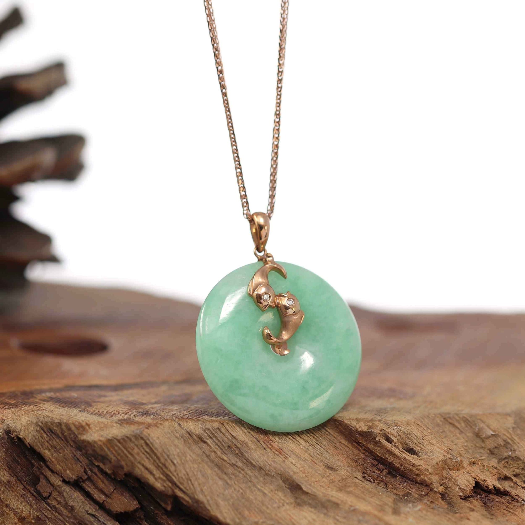 Baikalla Jewelry Gold Jadeite Pendant 18k Rose Gold Genuine Jadeite Constellation (Pisces) Necklace With Diamonds