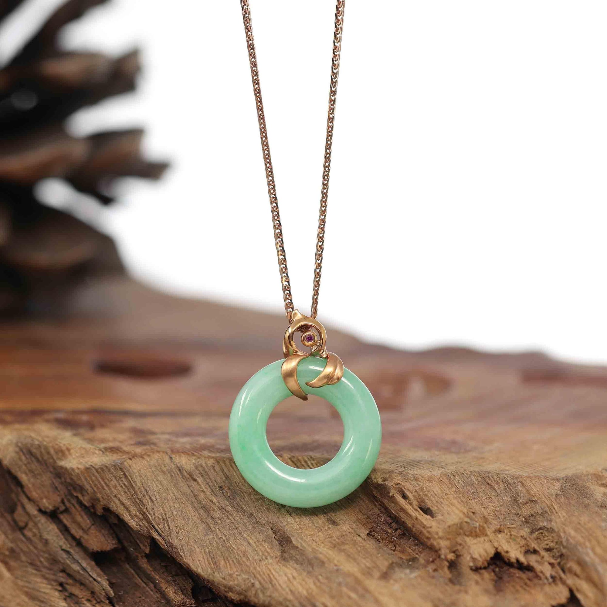 Baikalla Jewelry 18k Gold Jadeite Necklace Pendant Only Baikalla™ "Good Luck Birdie" 18k Rose Gold Genuine Burmese Jadeite Lucky Kou Kou Pendant Necklace With Ruby