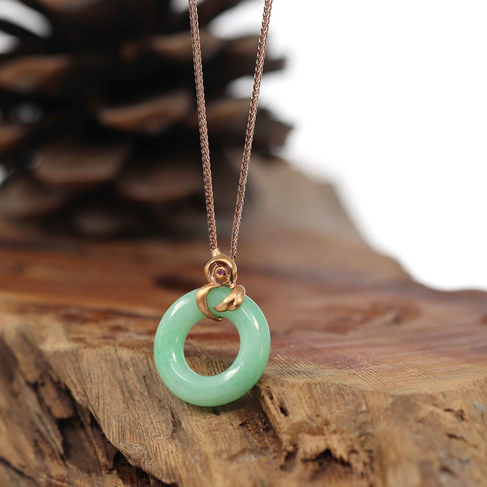 Baikalla Jewelry 18k Gold Jadeite Necklace Baikalla™ "Good Luck Birdie" 18k Rose Gold Genuine Burmese Jadeite Lucky Kou Kou Pendant Necklace With Ruby