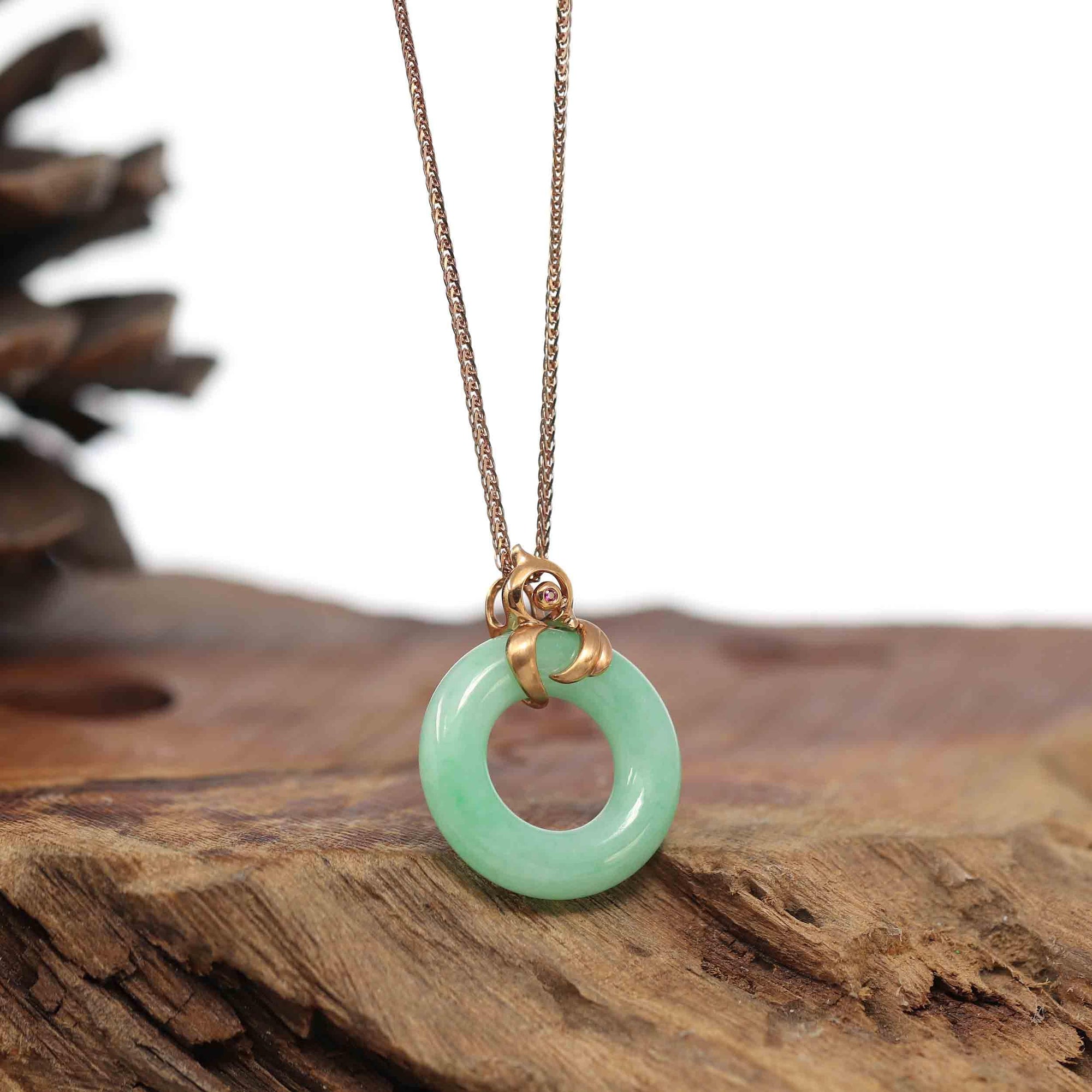 Baikalla Jewelry 18k Gold Jadeite Necklace Baikalla™ "Good Luck Birdie" 18k Rose Gold Genuine Burmese Jadeite Lucky Kou Kou Pendant Necklace With Ruby