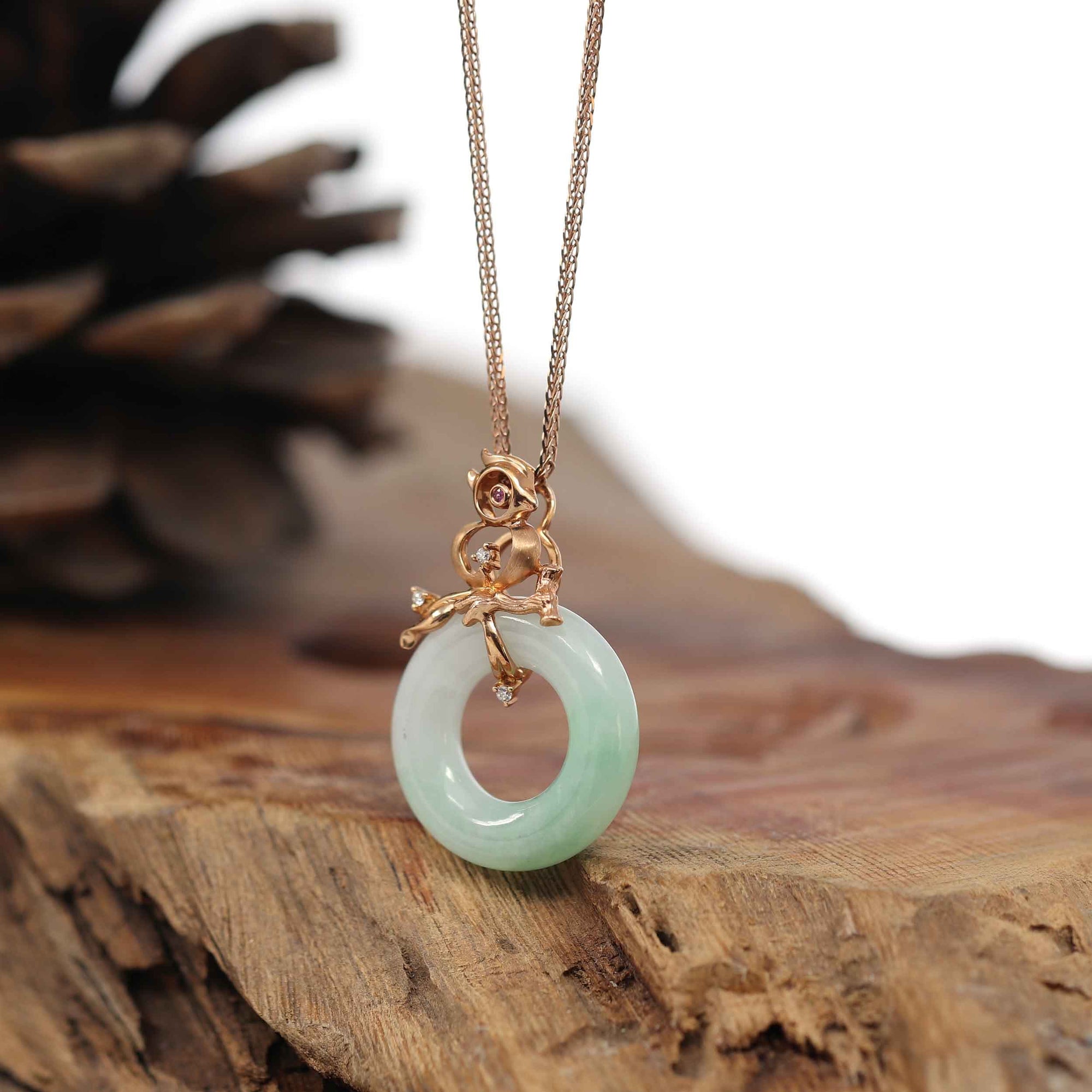 Baikalla Jewelry 18k Gold Jadeite Necklace Baikalla™ "Good Luck Birdie" 18k Rose Gold Genuine Burmese Jadeite Lucky Kou Kou Pendant Necklace With Ruby and Diamond