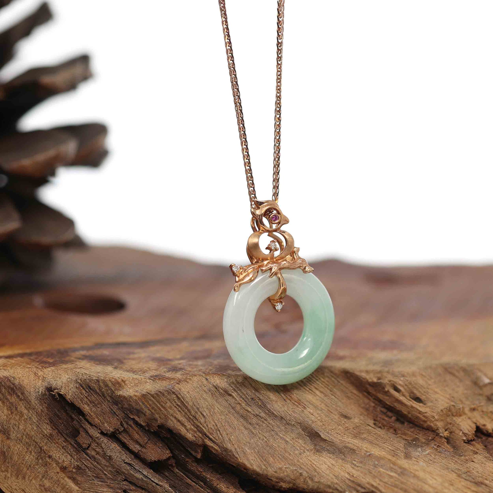 Baikalla Jewelry 18k Gold Jadeite Necklace Baikalla™ "Good Luck Birdie" 18k Rose Gold Genuine Burmese Jadeite Lucky Kou Kou Pendant Necklace With Ruby and Diamond