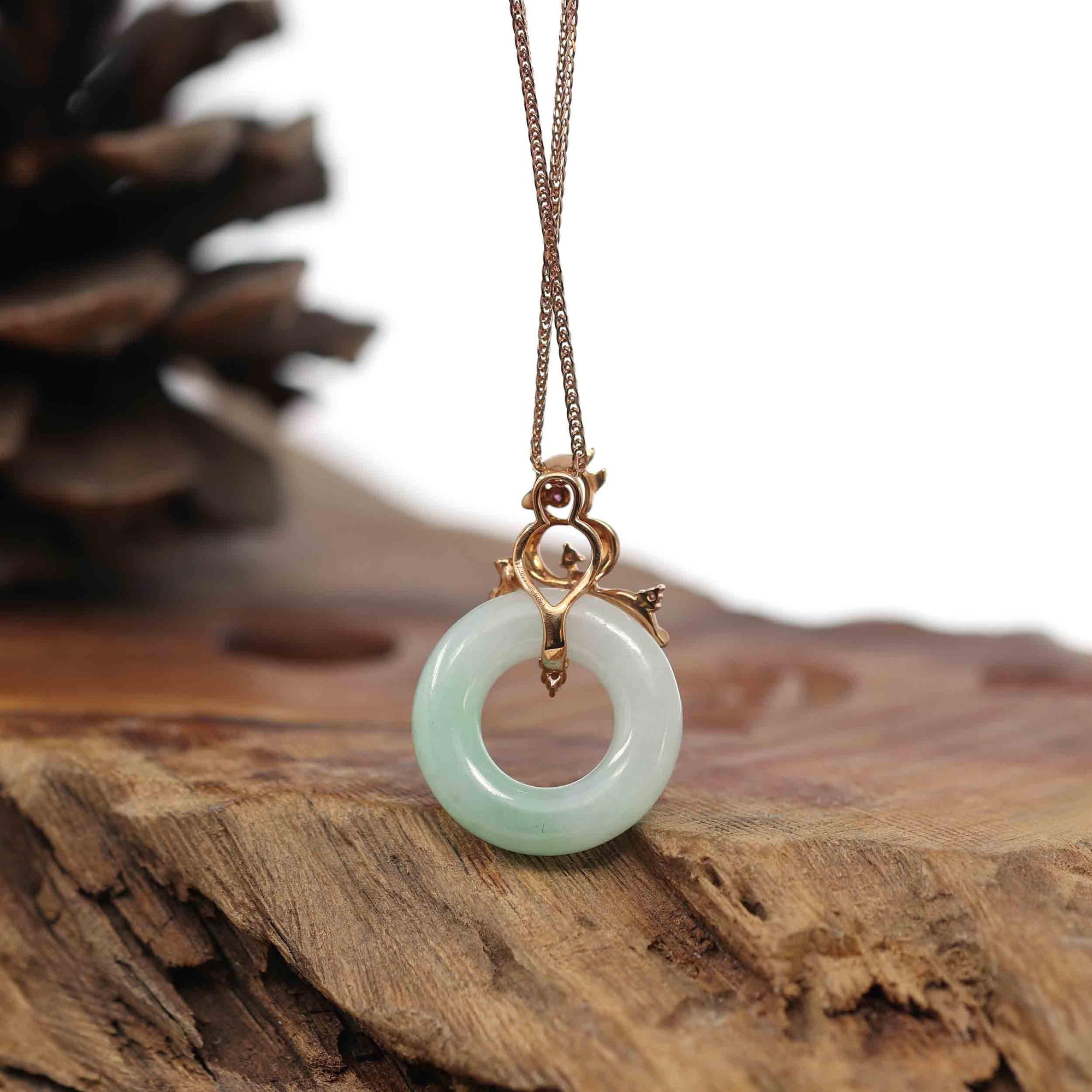 Baikalla Jewelry 18k Gold Jadeite Necklace Baikalla™ "Good Luck Birdie" 18k Rose Gold Genuine Burmese Jadeite Lucky Kou Kou Pendant Necklace With Ruby and Diamond