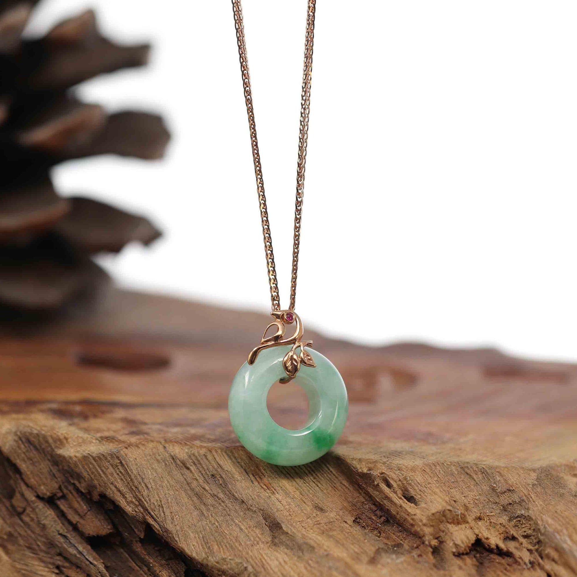 Baikalla Jewelry 18k Gold Jadeite Necklace Pendant Only Baikalla™ "Good Luck Birdie" 18k Rose Gold Genuine Burmese Jadeite Lucky Kou Kou Pendant Necklace With Ruby