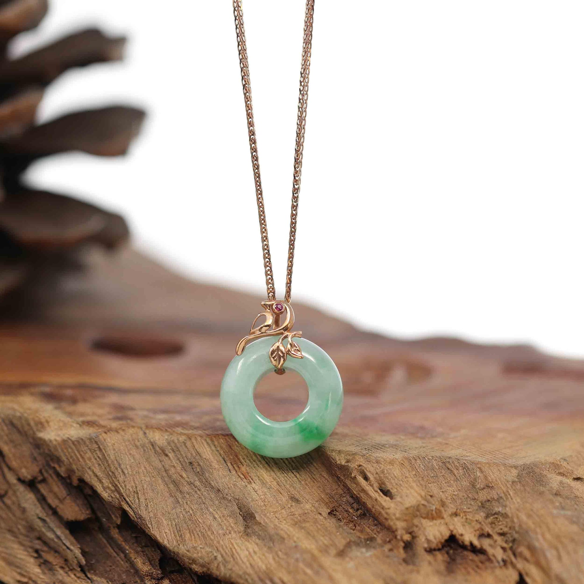 Baikalla Jewelry 18k Gold Jadeite Necklace Baikalla™ "Good Luck Birdie" 18k Rose Gold Genuine Burmese Jadeite Lucky Kou Kou Pendant Necklace With Ruby