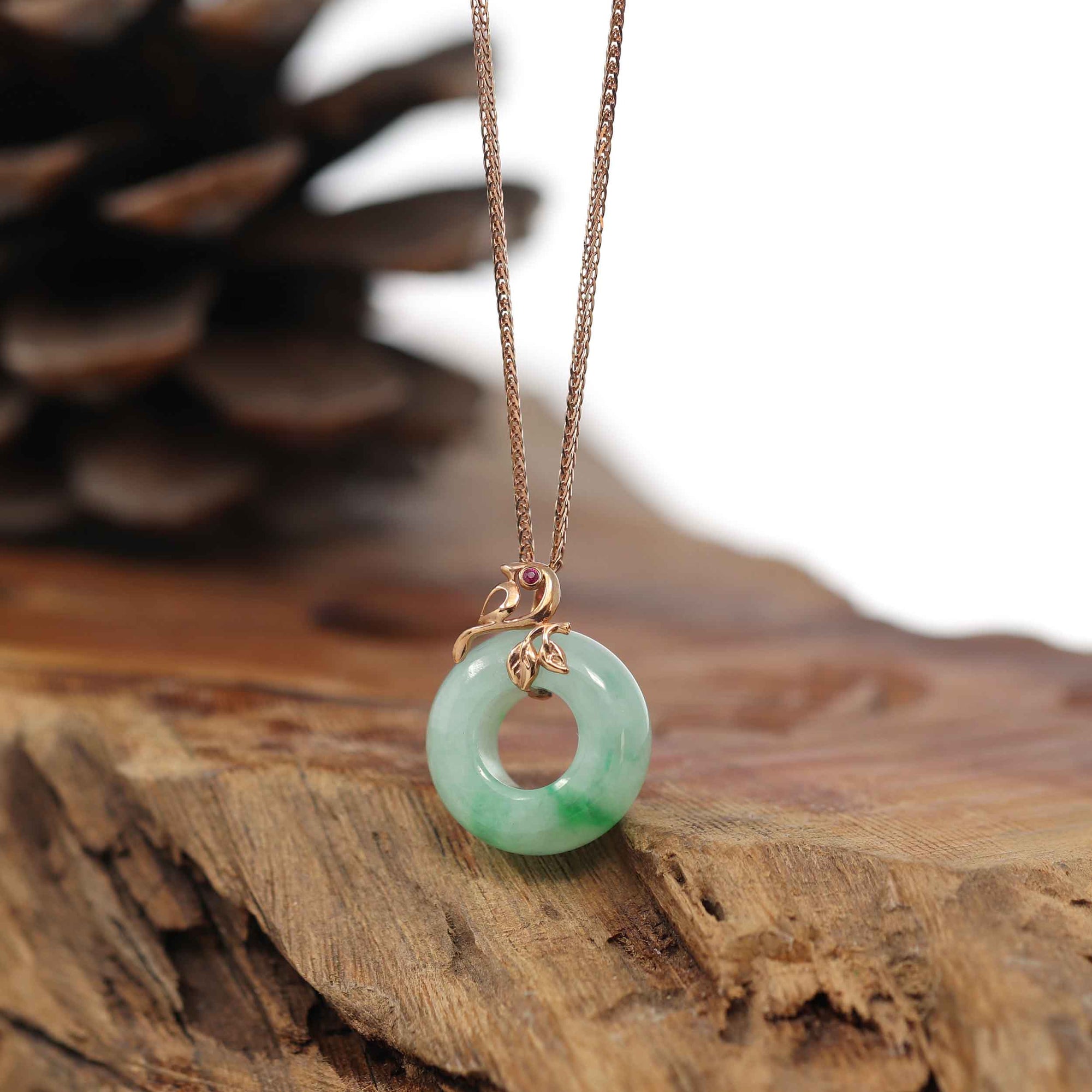 Baikalla Jewelry 18k Gold Jadeite Necklace Baikalla™ "Good Luck Birdie" 18k Rose Gold Genuine Burmese Jadeite Lucky Kou Kou Pendant Necklace With Ruby