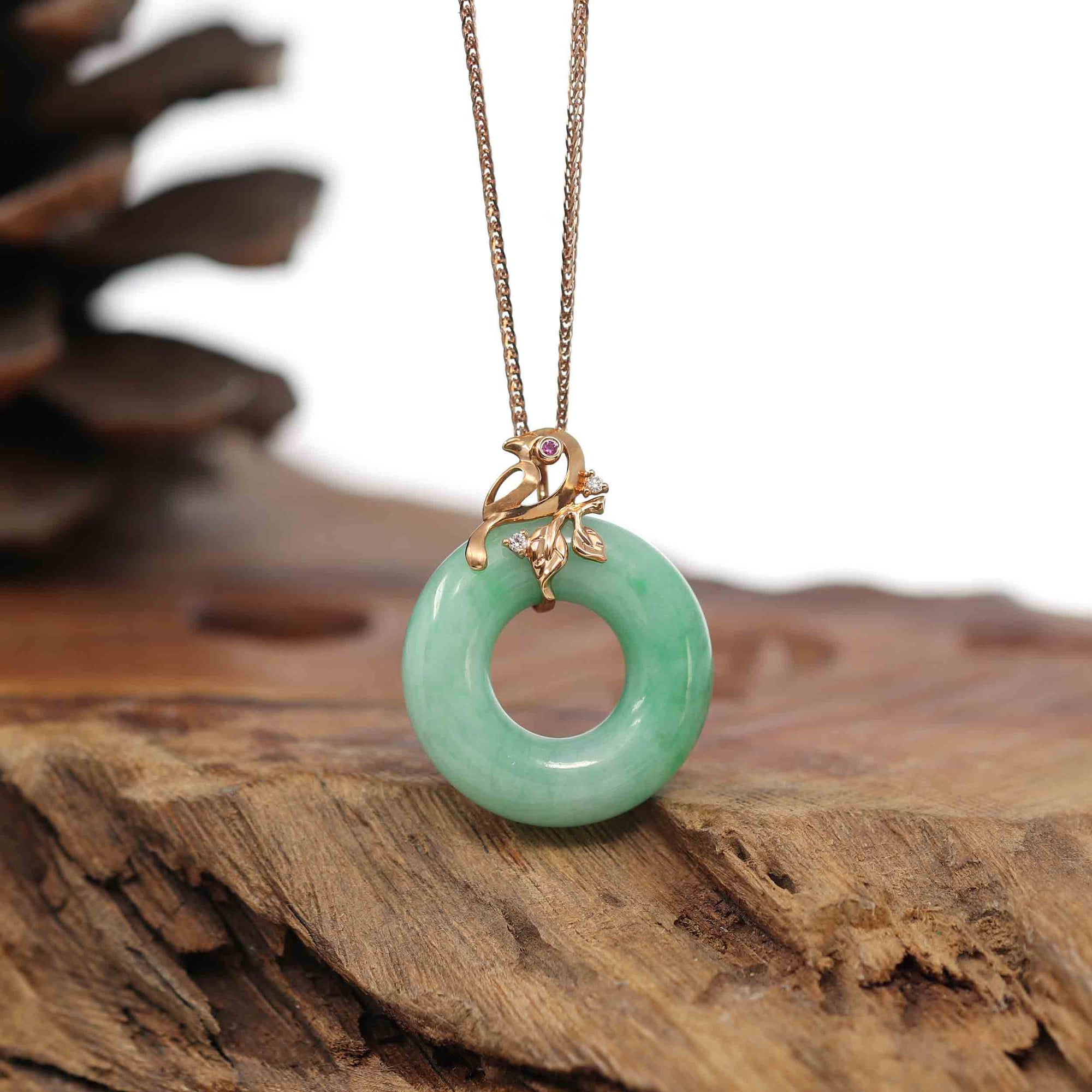 Baikalla Jewelry 18k Gold Jadeite Necklace Pendant Only Baikalla™ "Good Luck Birdie" 18k Rose Gold Genuine Burmese Jadeite Lucky Kou Kou Pendant Necklace With Ruby and Diamond