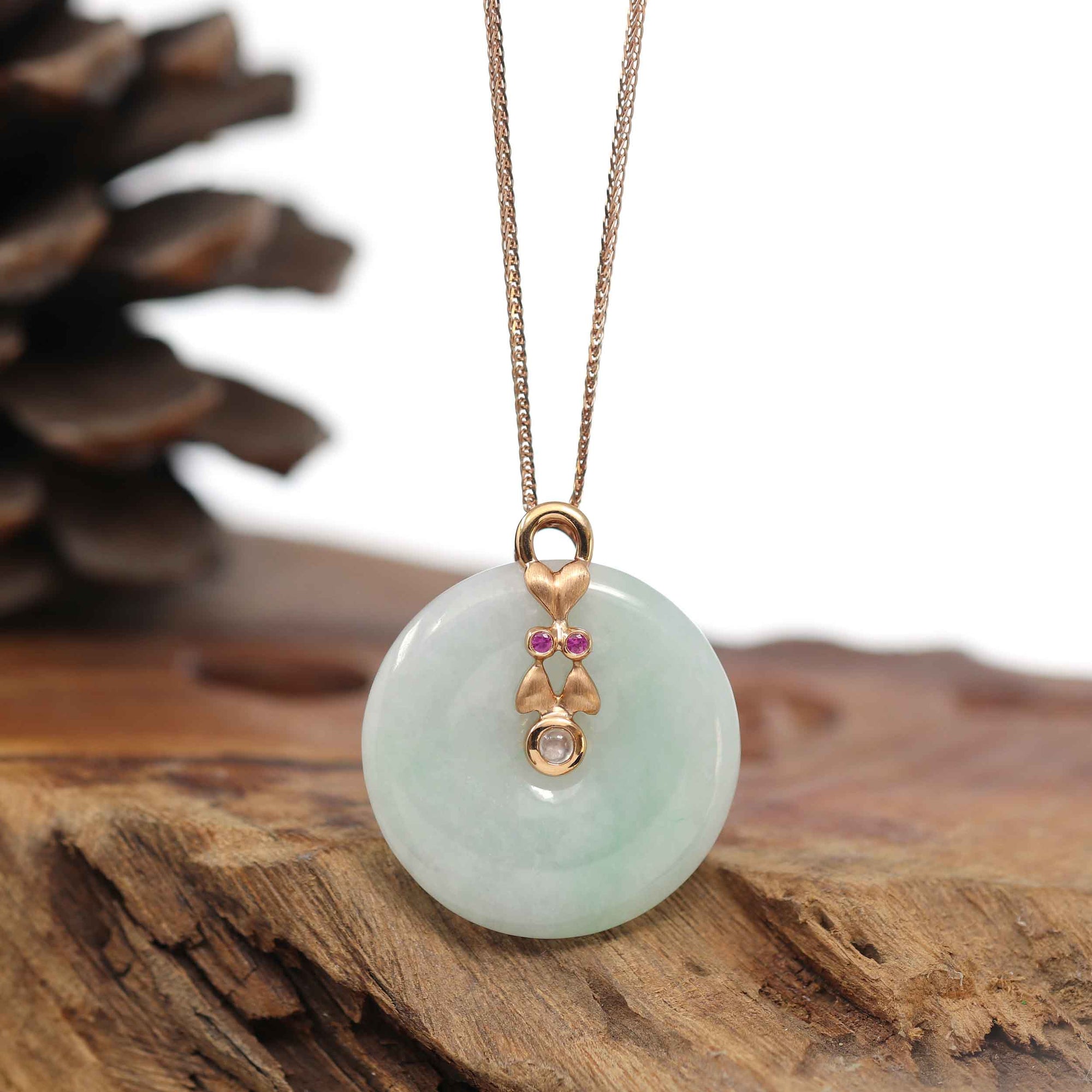 Baikalla Jewelry Gold Jadeite Pendant 18k Rose Gold Genuine Jadeite Constellation (Gemini) Necklace Pendant with Ruby