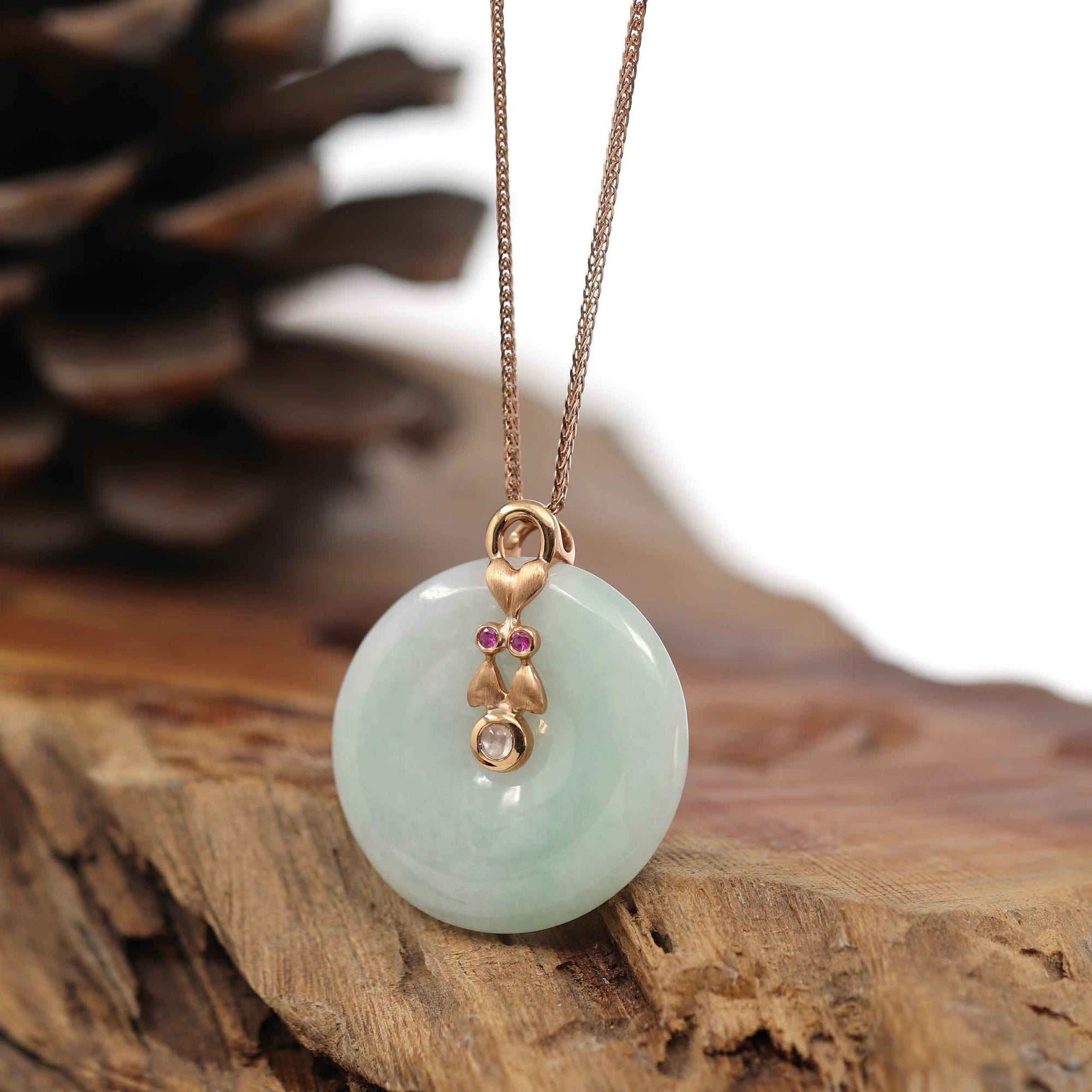 Baikalla Jewelry Gold Jadeite Pendant Pendant Only 18k Rose Gold Genuine Jadeite Constellation (Gemini) Necklace Pendant with Ruby