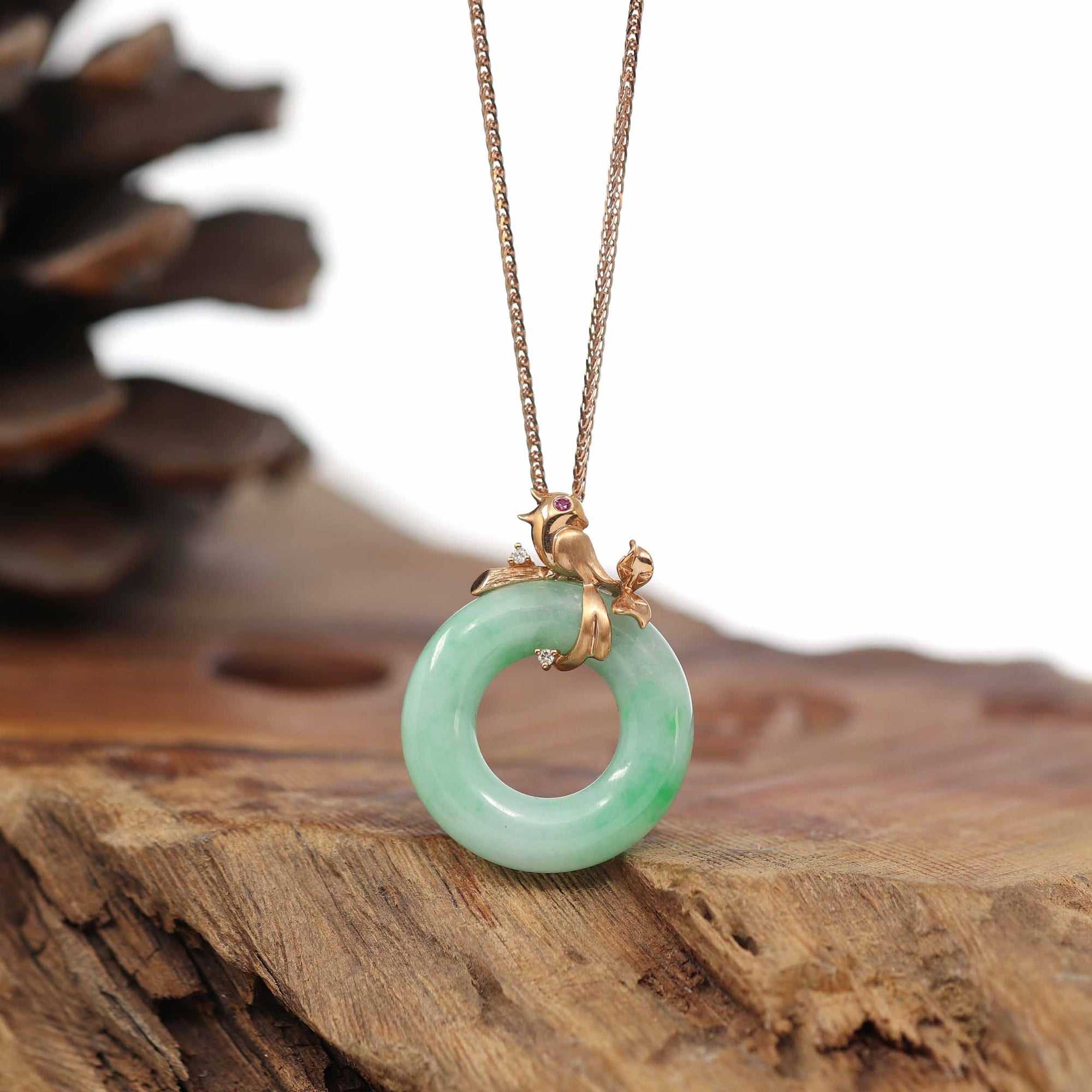 Baikalla Jewelry 18k Gold Jadeite Necklace Pendant Only Baikalla™ "Good Luck Birdie" 18k Rose Gold Genuine Burmese Jadeite Lucky Kou Kou Pendant Necklace With Ruby and Diamond