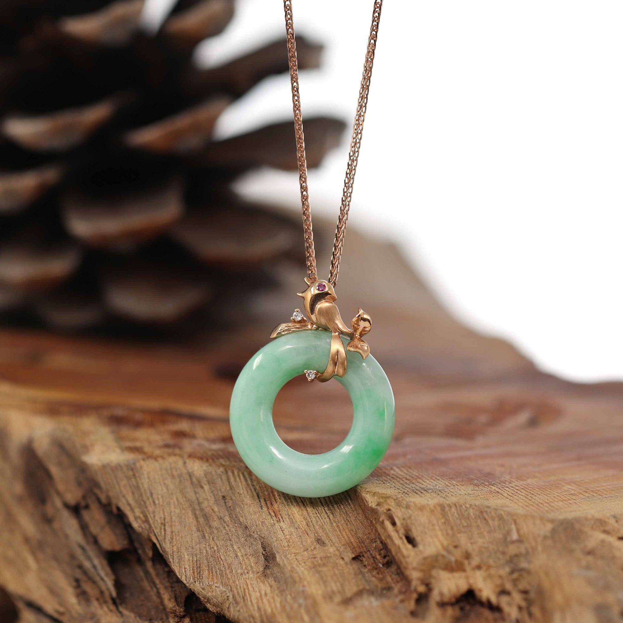 Baikalla Jewelry 18k Gold Jadeite Necklace Baikalla™ "Good Luck Birdie" 18k Rose Gold Genuine Burmese Jadeite Lucky Kou Kou Pendant Necklace With Ruby and Diamond