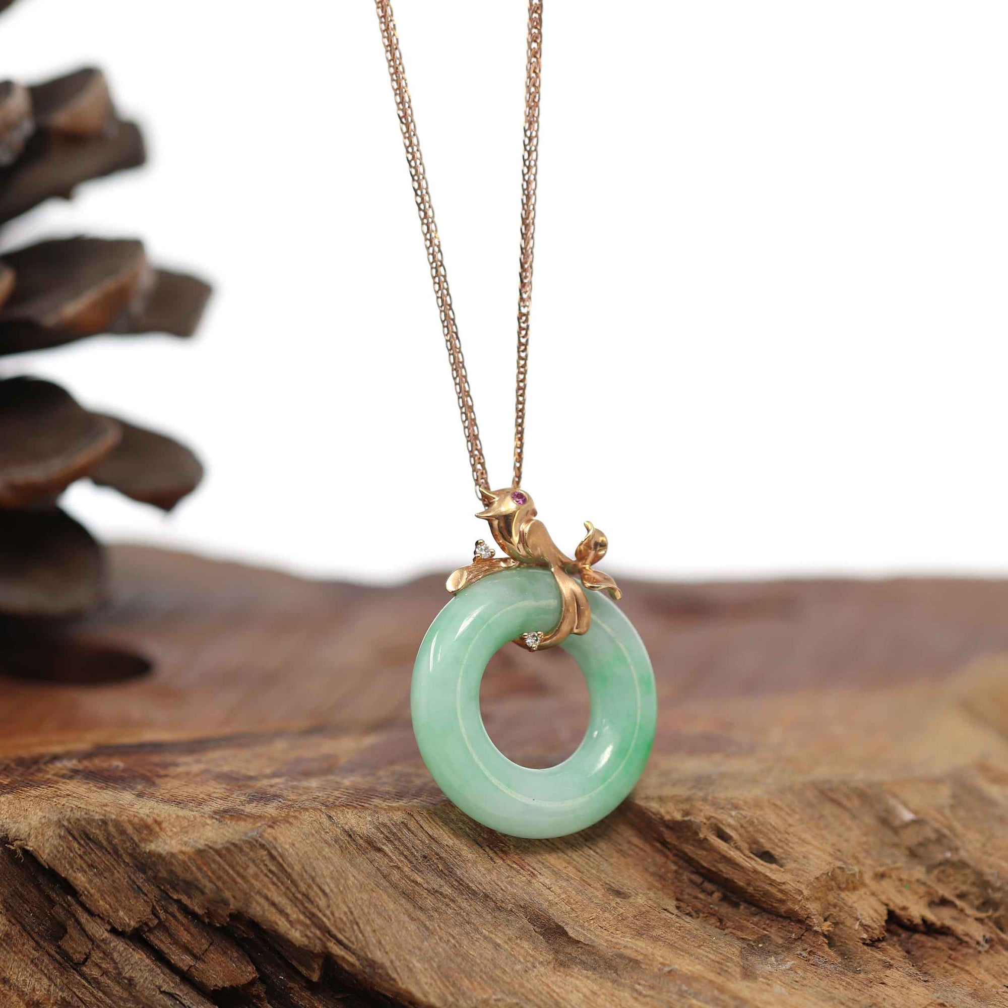 Baikalla Jewelry 18k Gold Jadeite Necklace Baikalla™ "Good Luck Birdie" 18k Rose Gold Genuine Burmese Jadeite Lucky Kou Kou Pendant Necklace With Ruby and Diamond