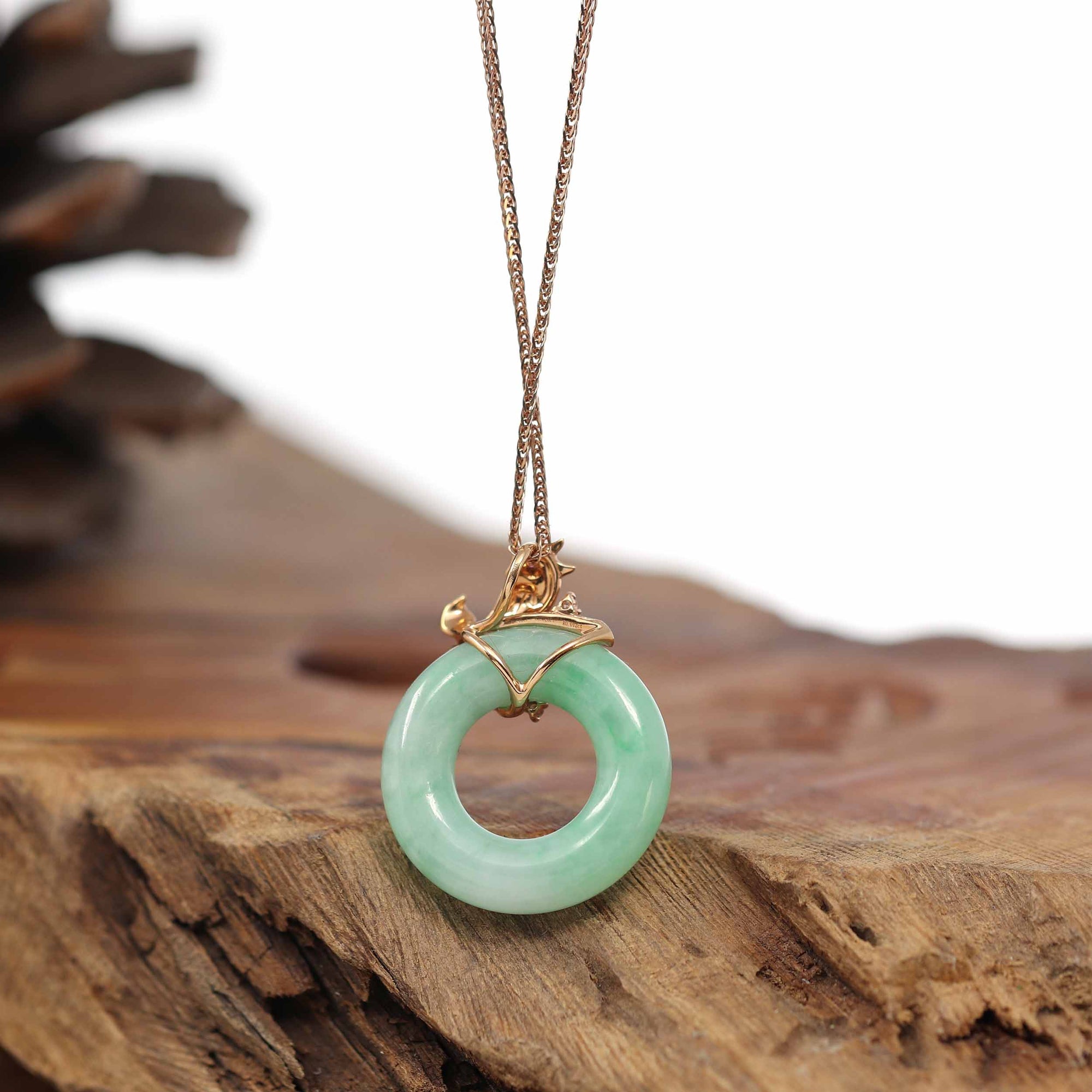 Baikalla Jewelry 18k Gold Jadeite Necklace Baikalla™ "Good Luck Birdie" 18k Rose Gold Genuine Burmese Jadeite Lucky Kou Kou Pendant Necklace With Ruby and Diamond