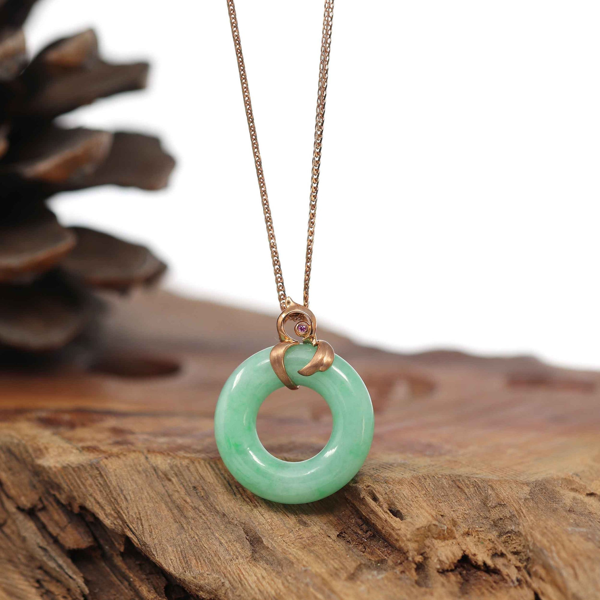 Baikalla Jewelry 18k Gold Jadeite Necklace Pendant Only Baikalla™ &quot;Good Luck Birdie&quot; 18k Rose Gold Genuine Burmese Jadeite Lucky Kou Kou Pendant Necklace With Ruby